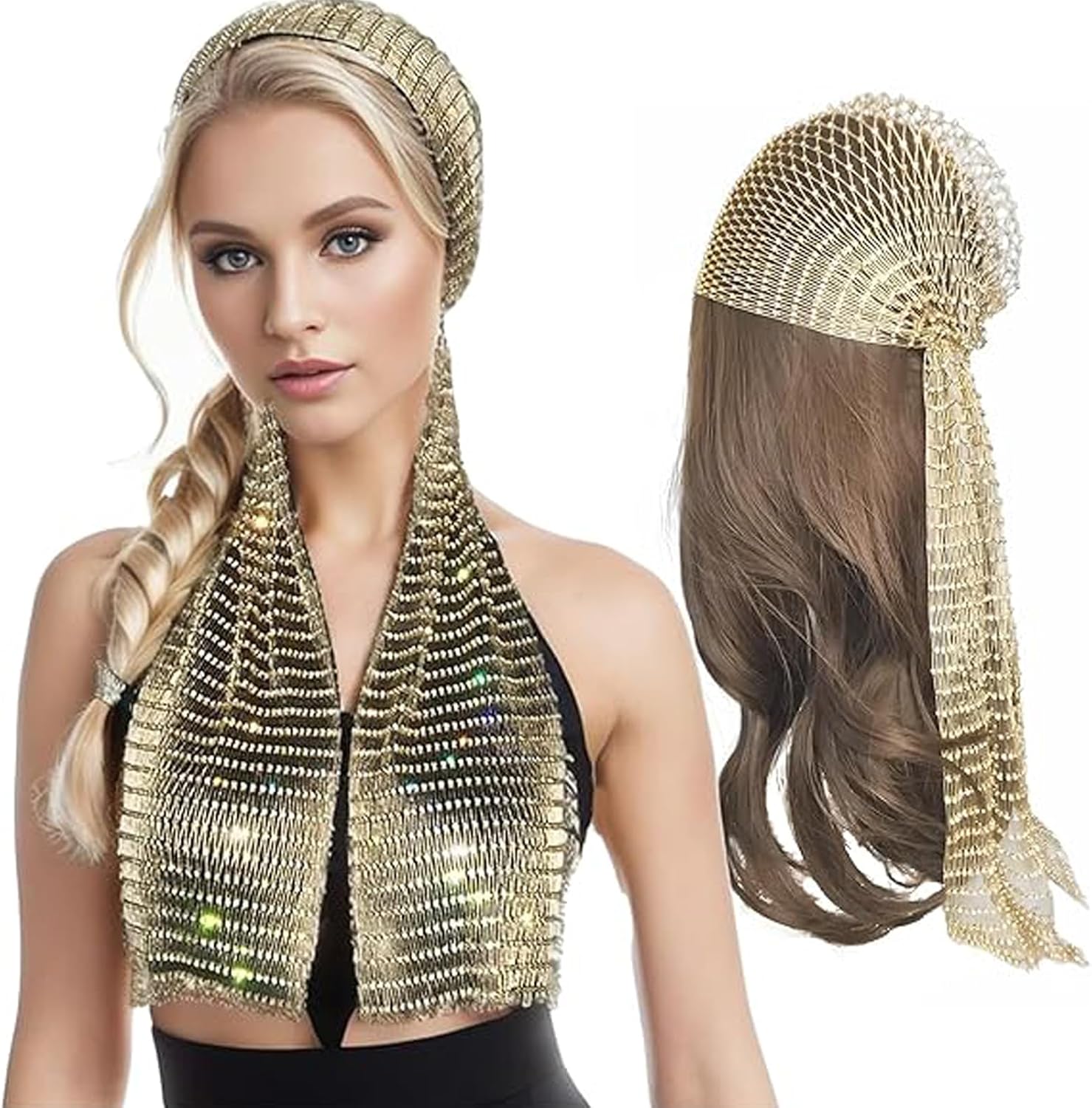 Tazweeq Rhinestone Mesh Headband, Long Sparkle Headscarf for Women Girls, Elastic Bandana Sparkly Crystal Wide Head Scarfs, Nightclub Headwrap Rave Hair Accessories Dress (Golden)