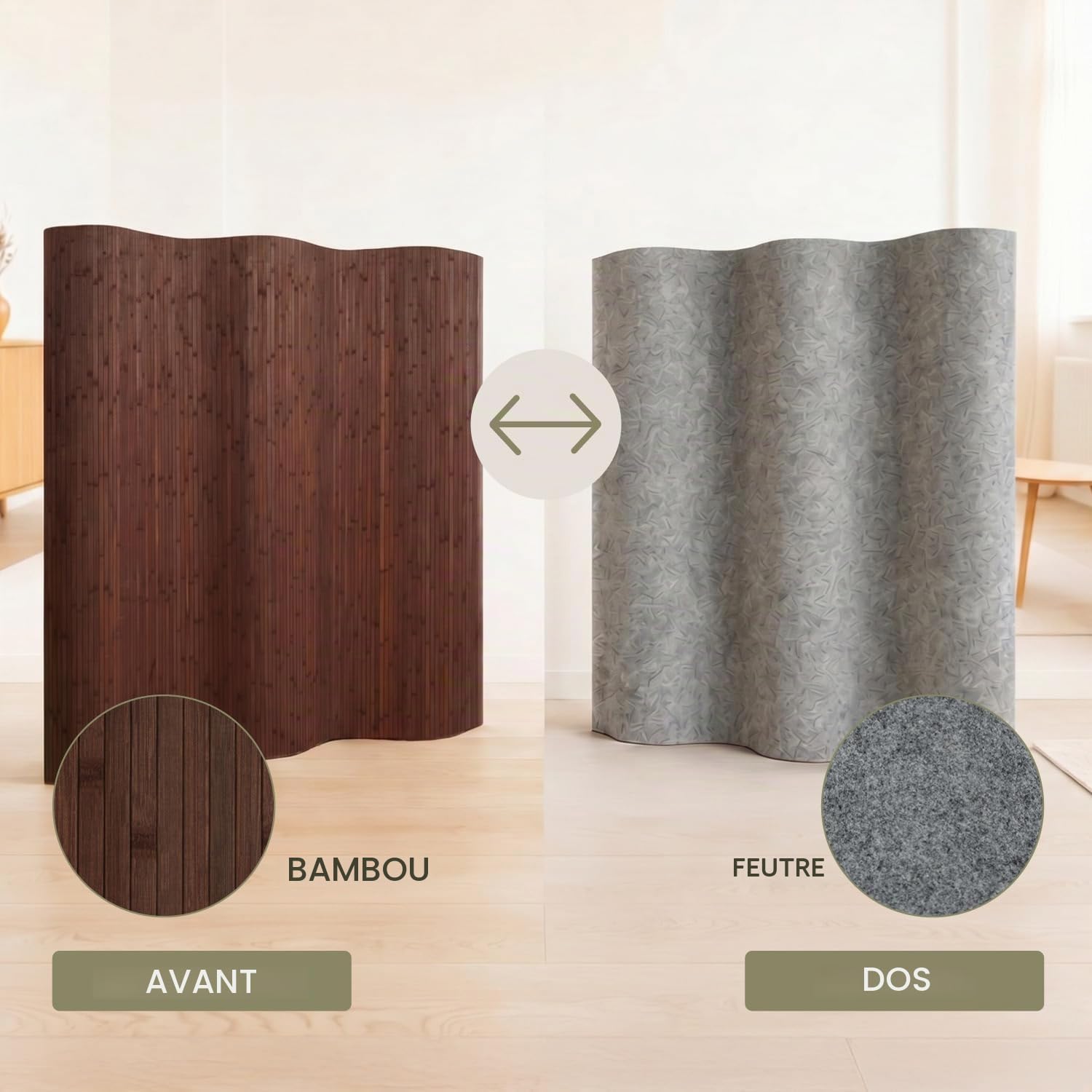 Homestyle4u Paravent en bambou 145 x 250 cm (H x l) - Marron foncé - Pliable - Brise-vue - Paroi espagnole pour salon, chambre à coucher, bureau - Forme ondulée enroulable - Article 3138