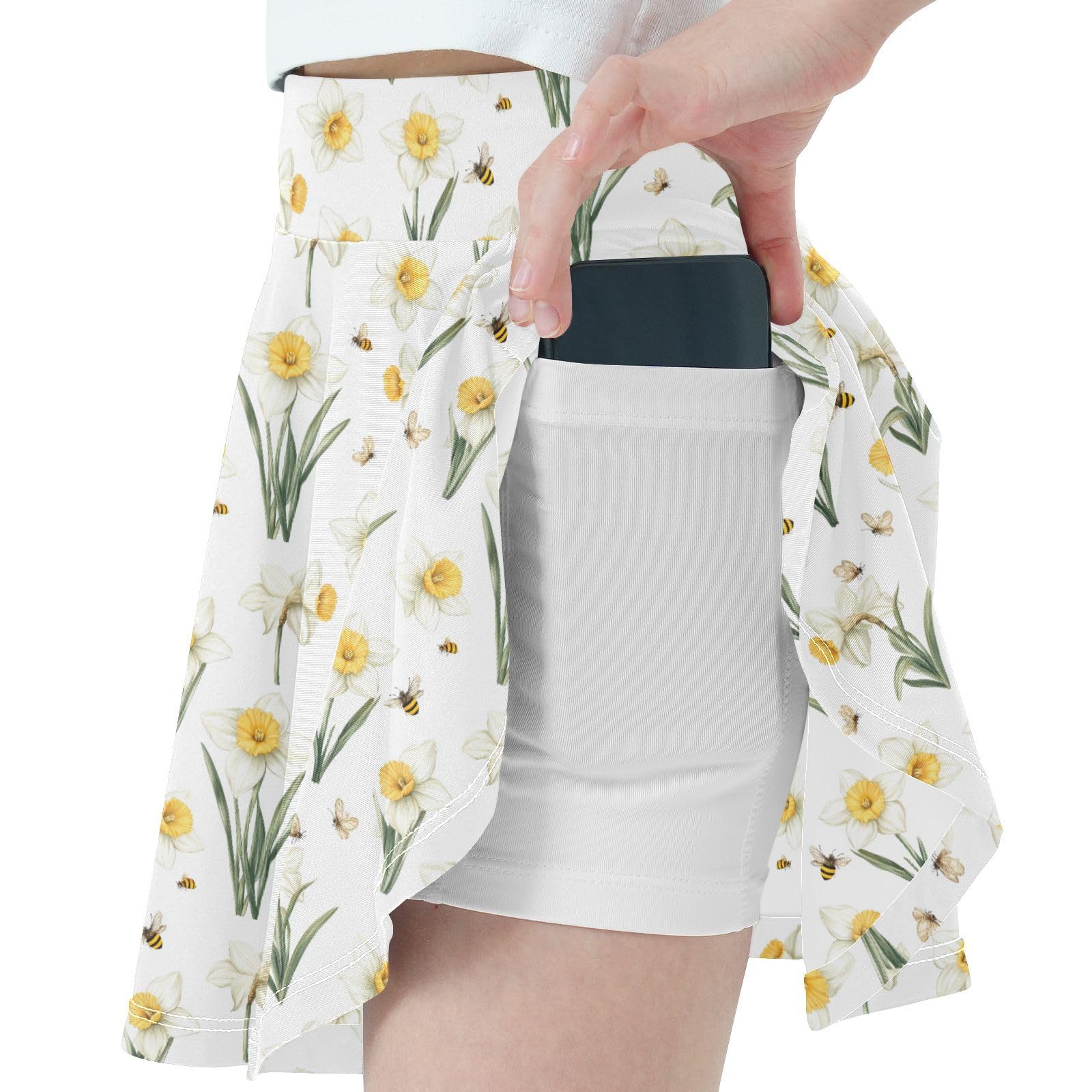 Vintage Daffodil Flowy Girls Athletic Skorts with Shorts Girl Pleated Skirt Little Girl SkortWith Pockets White