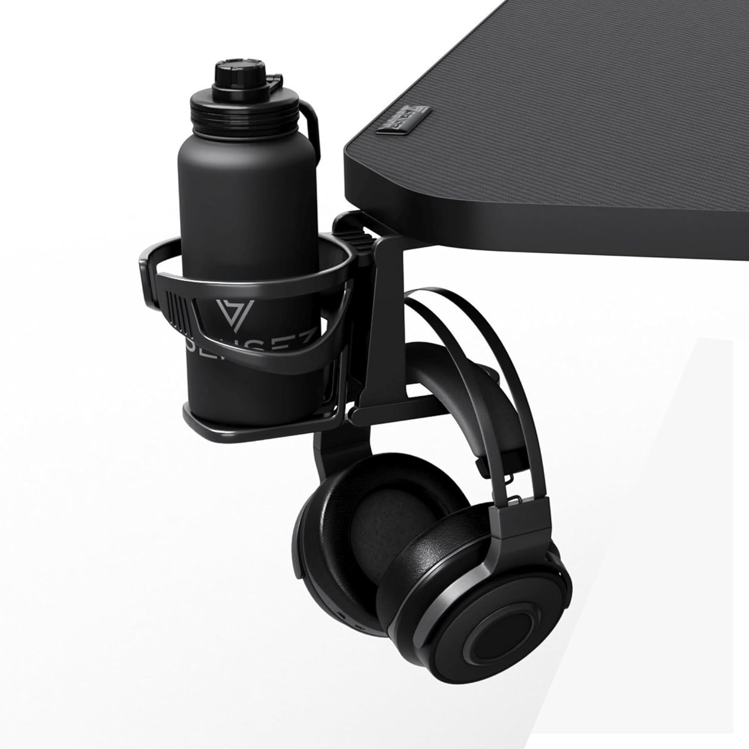 Close-up of the cup holder and headphone hook on the SENSE7 Nomad Basic Gaming Desk, with a water bottle and headphones.