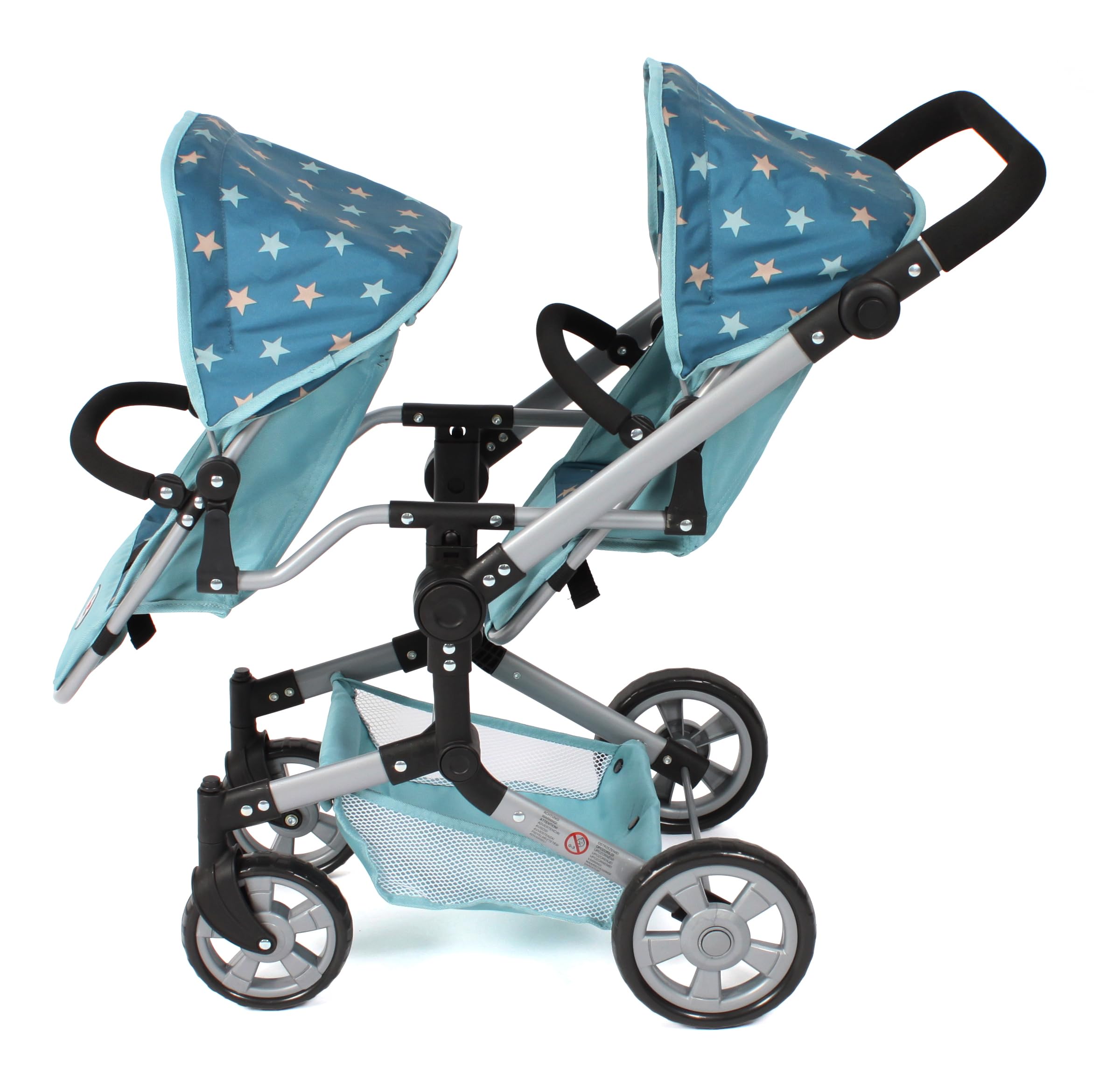 Bayer Chic 2000® Wózek dla lalek Linus Duo – gwiazdka turkusowa – składany wózek dla lalek bliźniaczych – regulowany uchwyt 50-82 cm – lalki do 50 cm – 4-8 J.