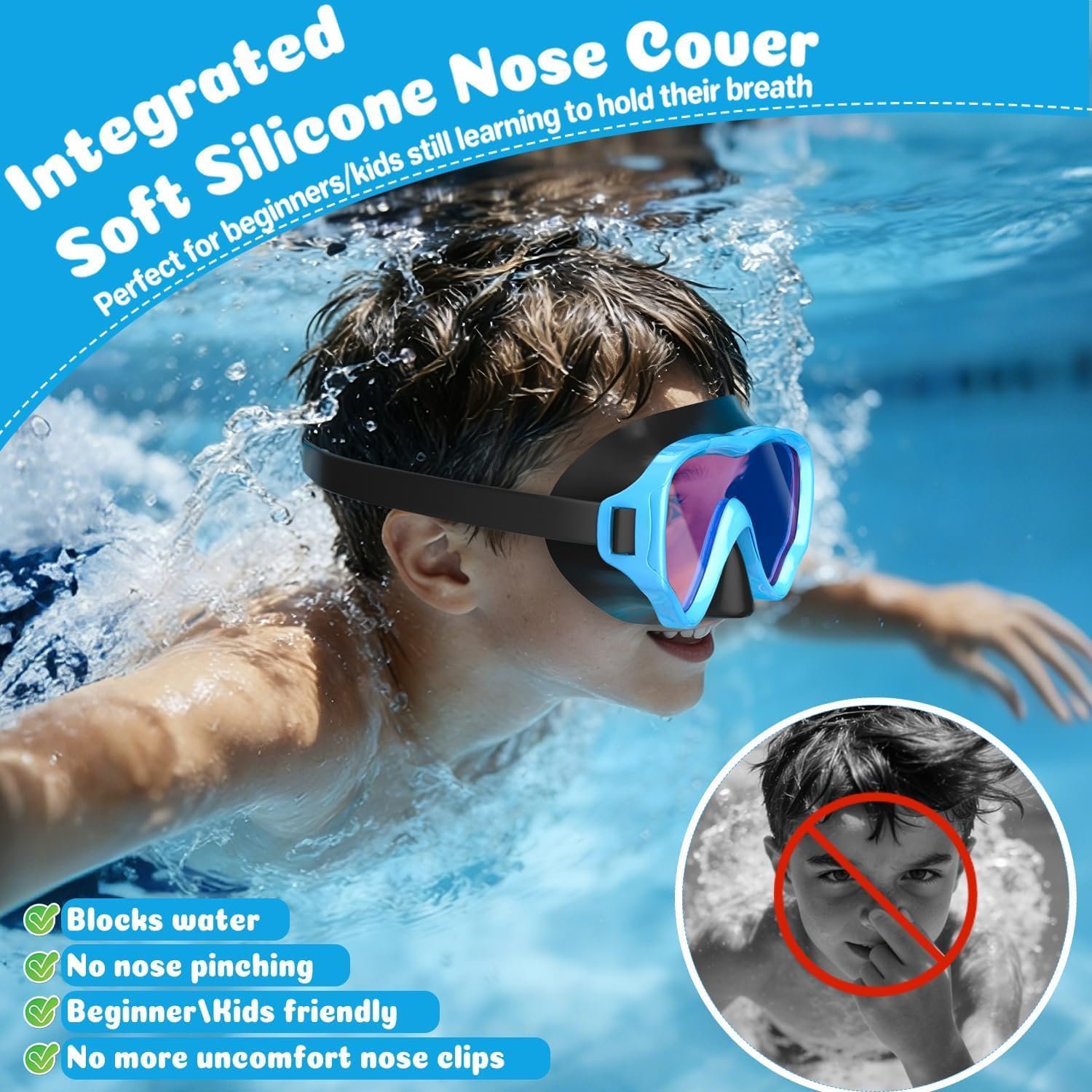 COOLOO 2 Packs Kids Goggles with Nose Cover, 180° Wide View Swimming Goggles for Kids 4-16, No More Hair Snags Anti-Fog No-Leak Snorkel Mask for Boys Girls Youth thumbnail