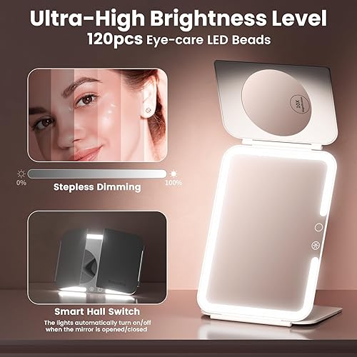 Miniatura 3 de Beautifive Espejo de maquillaje con iluminación de viaje triple, 5000 mAh recargable con aumento 1X3X10X, iluminación de 3 colores y atenuación