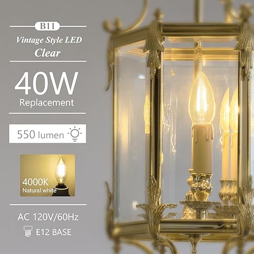 Miniatura 2 de DiCUNO Bombilla LED de candelabro E12 equivalente a 40 W, 550 lúmenes, blanco natural 4000 K, bombilla de filamento LED transparente B11 de 4 W, no