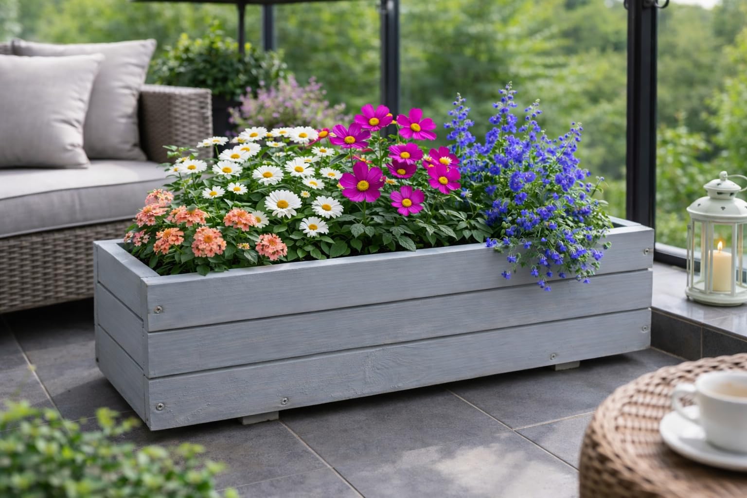 FKL DESIGN Home Deco Schmaler Blumenkasten Holz 60 cm – Pflanzkasten Balkon & Fensterbank, Pflanzkübel Wetterfest, Kräuterbeet Lang (D6 Grau) Garten