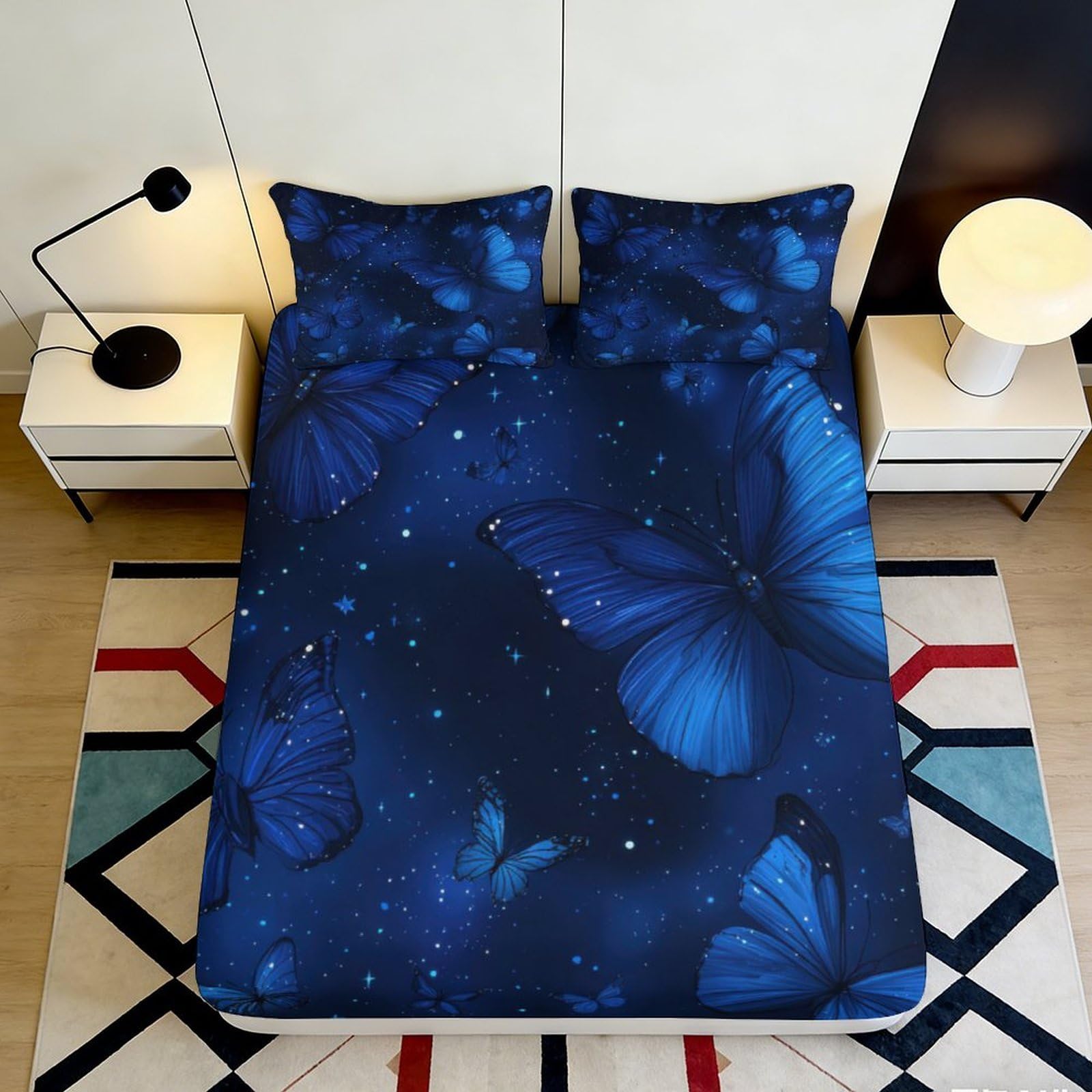Uxinyoume Style-1 3D Printed Blue Butterfly Fitted Sheet Microfiber Soft Breathable Night Sky Bed Sheet Anti-Slip Bedroom Decor 90X200x25cm