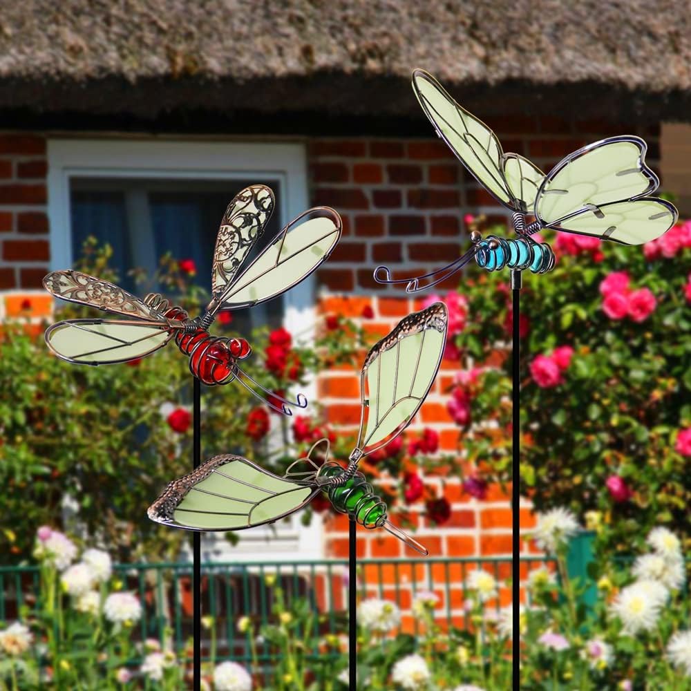 Juegoal 20 Inch Butterfly Garden Stakes Decor, Dragonfly Stakes, Hummingbird Glow in Dark Metal Yard Art for Mom, Mothers Day Ideal Gifts, Indoor Outdoor Lawn Pathway Patio Ornaments, Set of 3 : Patio, Lawn & Garden