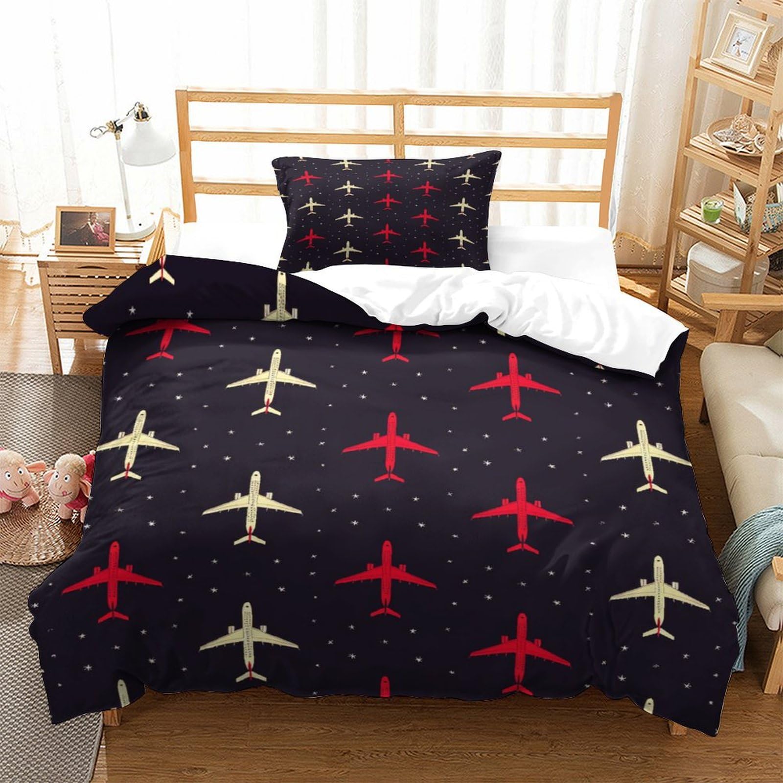 P1S9U7W5Y Aviation Night Sky 3D Printed Duvet Cover Set 3pcs Microfiber Airplane Bedding Set Single（135x200cm）