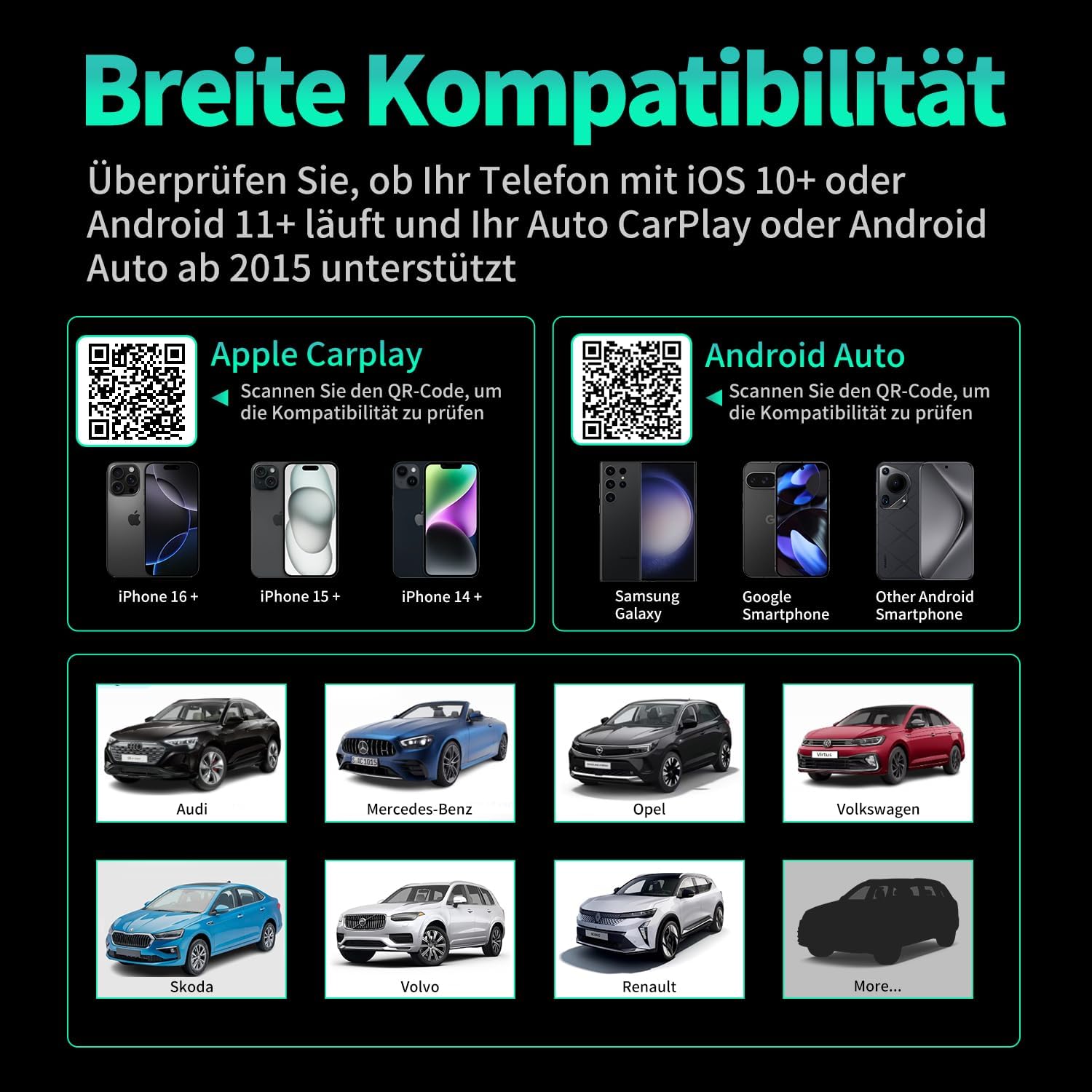 Compatibility chart showing supported iPhone and Android models, and various car brands