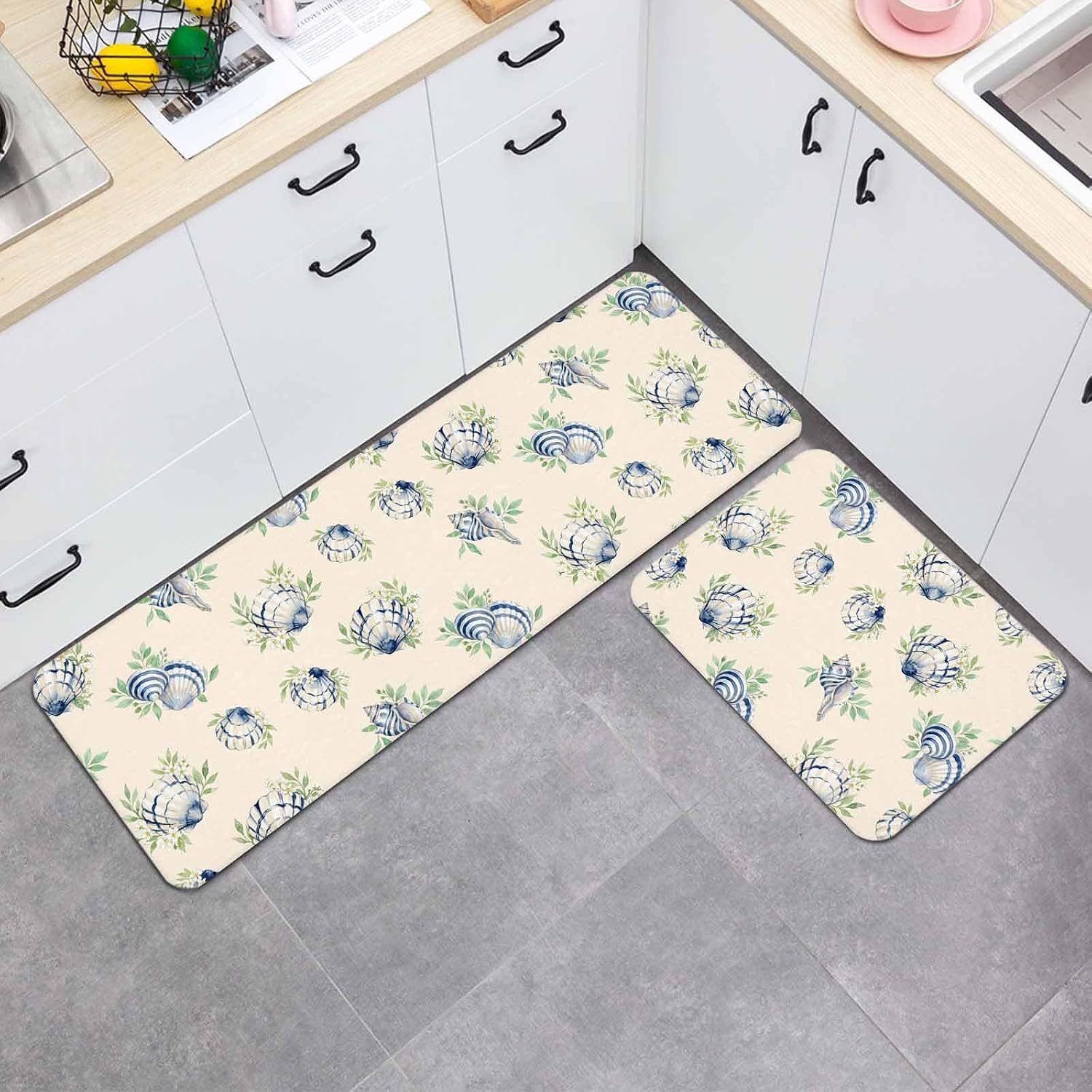 Blue Seashells Kitchen Mat Set 2 Pieces Coastal Vintage Leaf Rustic Country Beige Background Non Slip Kitchen Rugs Washable Runner Rug Mats for Floor Sink Laundry Office 15.7" x 23.6"+15.7" x 47.2"