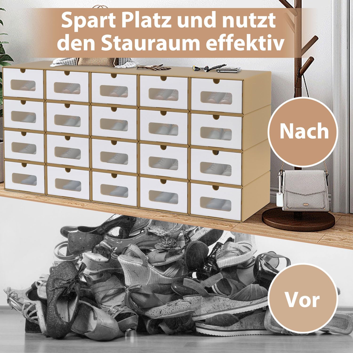 ACXIN Schuhboxen Stapelbar Boxen-Set,Aufbewahrungsbox Schubladen mit Transparentes Sichtfenster,Pappkarton aus Kraftpapier,34.5 x 23.5 x 13.5 cm,30 Stück, Braun