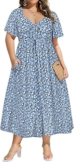 Plus Size Dresses for Curvy Women Tie Sweetheart Neck Summer Maxi Dress Short Sleeve Empire Waist Floral Boho Dress - Buy now