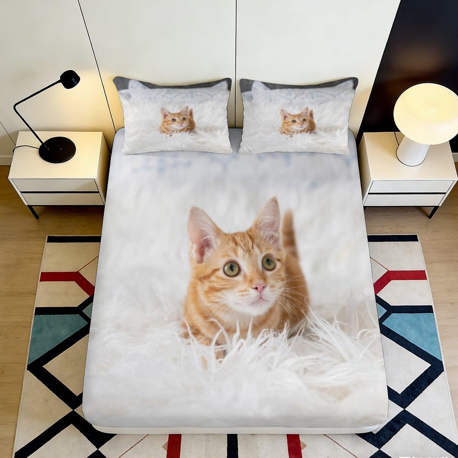 3D Printed Ginger Cat Fitted Sheet Microfiber Soft Breathable Tabby Cat Mattress Cover for Bedroom Guestroom Decor 90x200x25cm