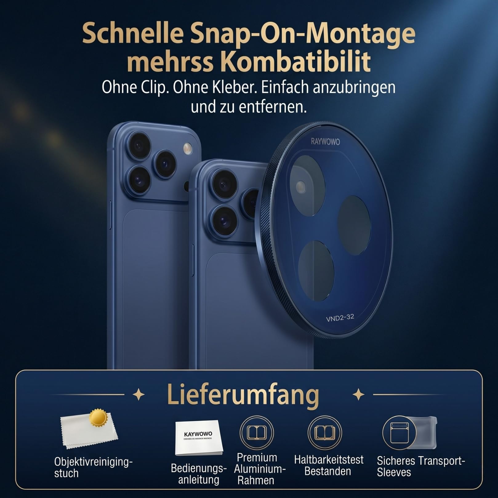 Snap-On Verstellbarer ND-Filter VND2-32 für iPhone 17 Pro & Pro Max, 11,2g Ultraleichter Kamera Graufilter, AGC Optisches Glas mit 28-Schicht-Vergütung, Anti-X-Effekt Handy Foto Zubehör (blau)