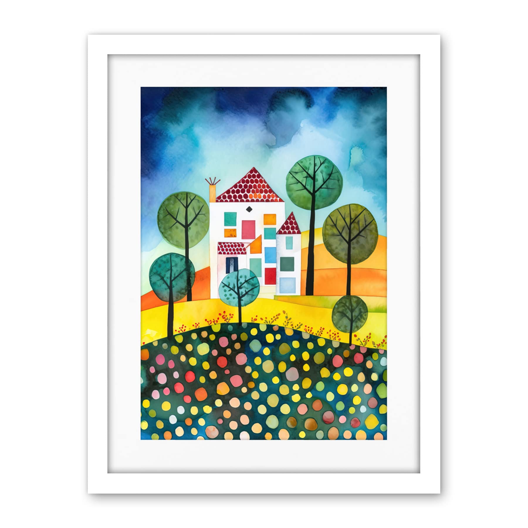 Artery8 Abstract House And Garden Folk Art Artwork Framed Wall Art Print 18X24 Inch