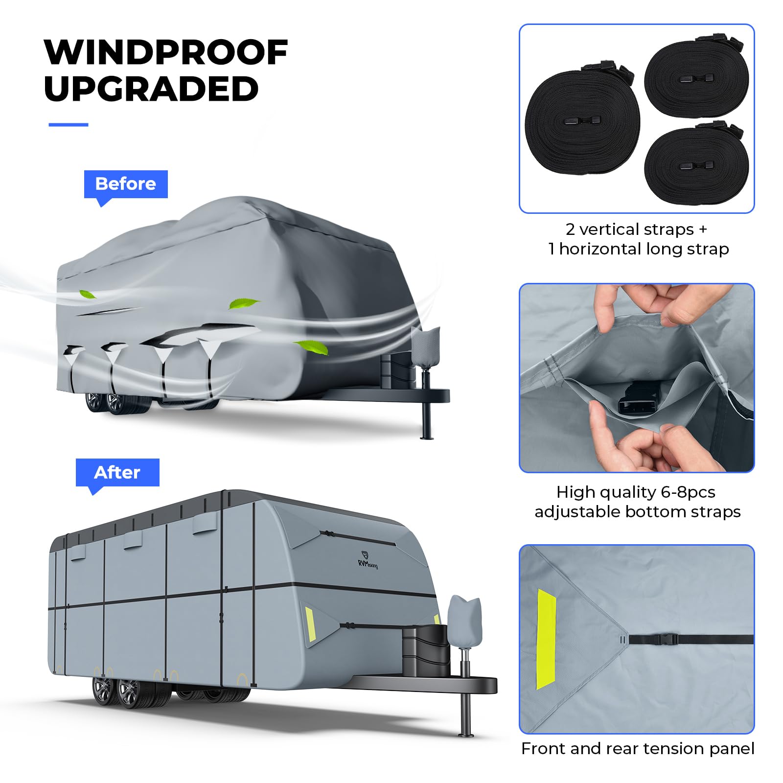 RVMasking Waterproof 600D Top RV Travel Trailer Cover for 31'7"-34' Motorhome - Windproof Rip-Stop Anti-UV Breathable Camper Cover with 4 Tire Covers & Tongue Jack Cover