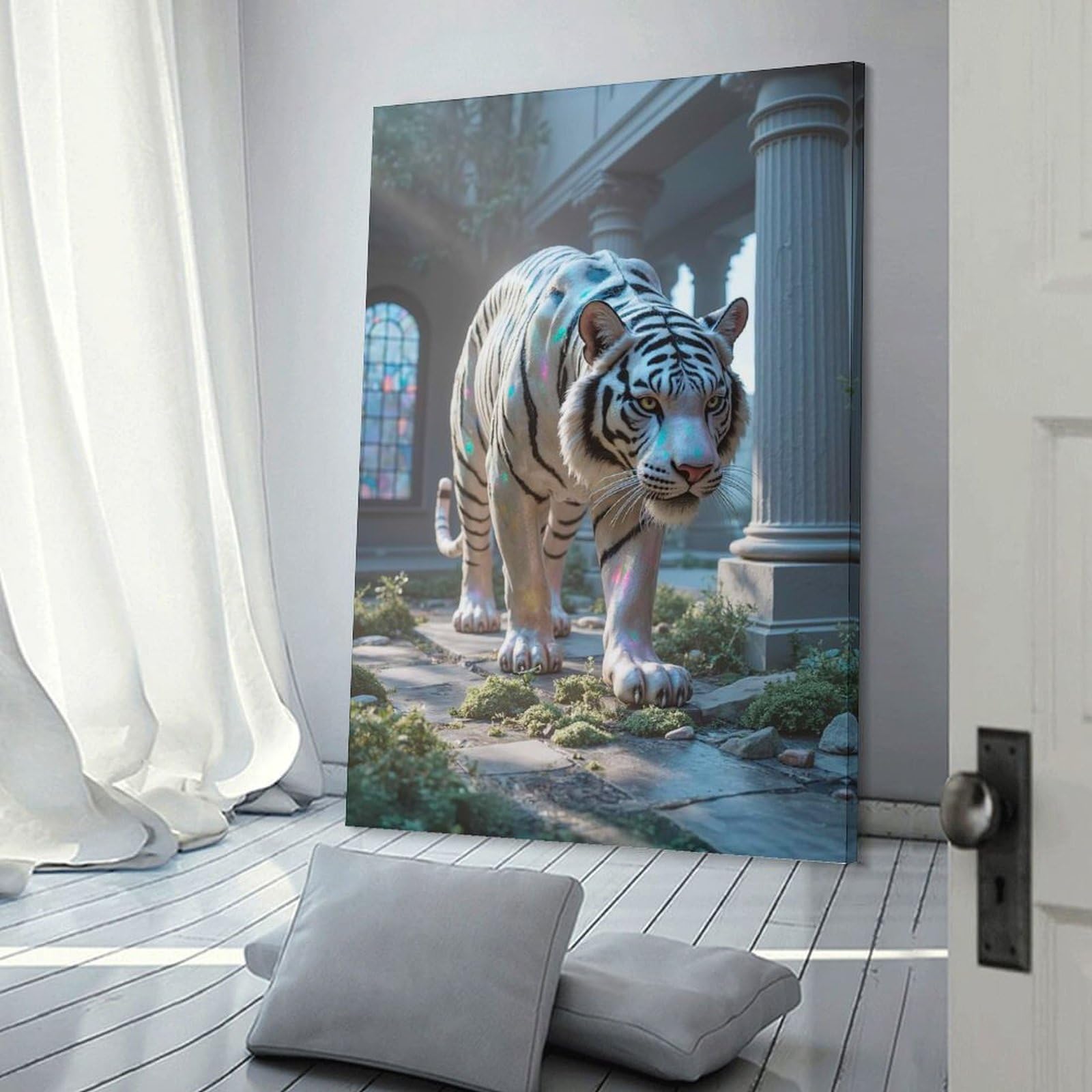 Junmoney Wall Decor Canvas Print White Tiger with Iridescent Markings, 08x12inch(20x30cm), for Study, Office Or Apartment Decor, Canvas Artwork with Gifting Potential