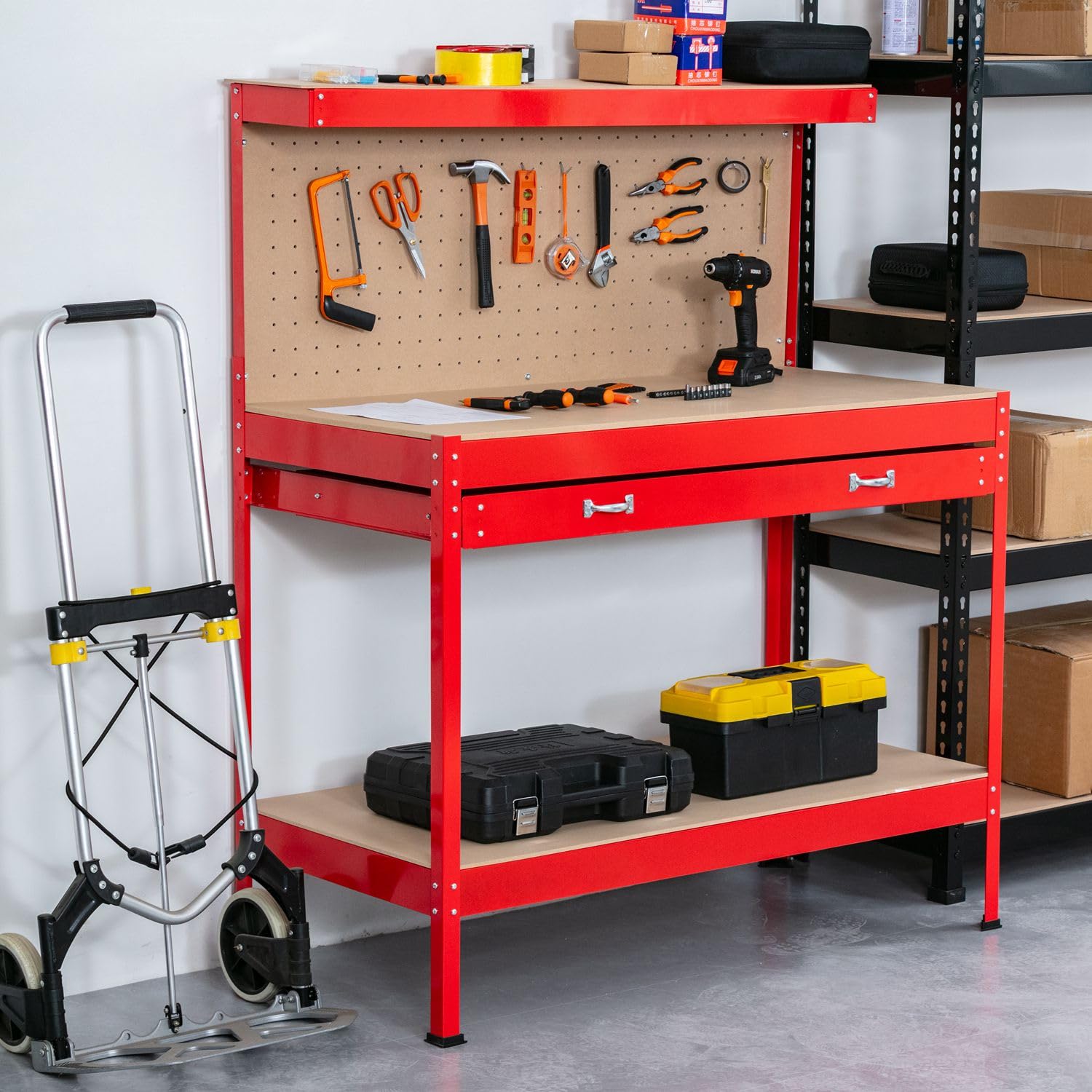 Foxhunter – Pannello forato per attrezzi lavoro banco da lavoro con attrezzi da garage in acciaio rosso con cassetti e ripiano per 12 pioli DIY workshop station