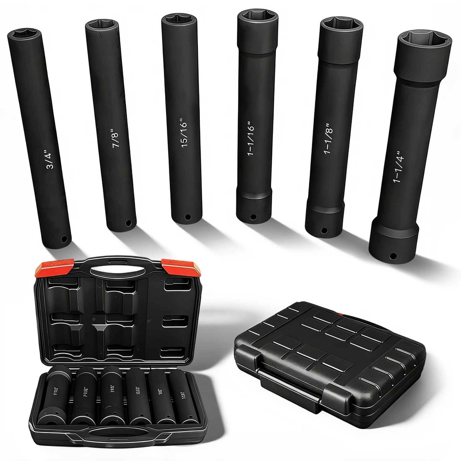 1/2 Inch Drive Extended Length Impact Socket Set, 6 Piece Extra Deep Impact Socket Set, Hex Size 3/4", 7/8", 15/16", 1-1/16", 1-1/8", 1-1/4", for High