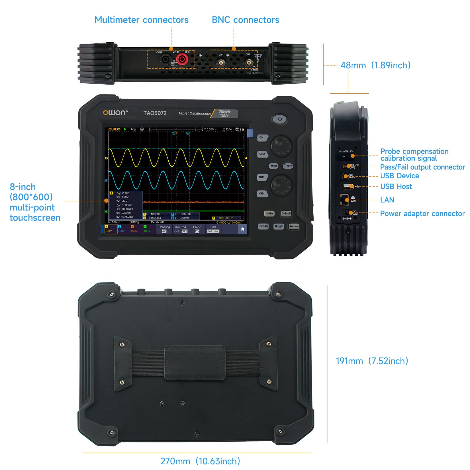 OWON TAO3072 2CH Handheld-Digitaloszilloskop mit 70 MHz Bandbreite und 1GS/s Abtastrate, 40 M Aufzeichnungslänge, SCPI und LabVIEW unterstützt, 4 1/2 Digitalmultimeter