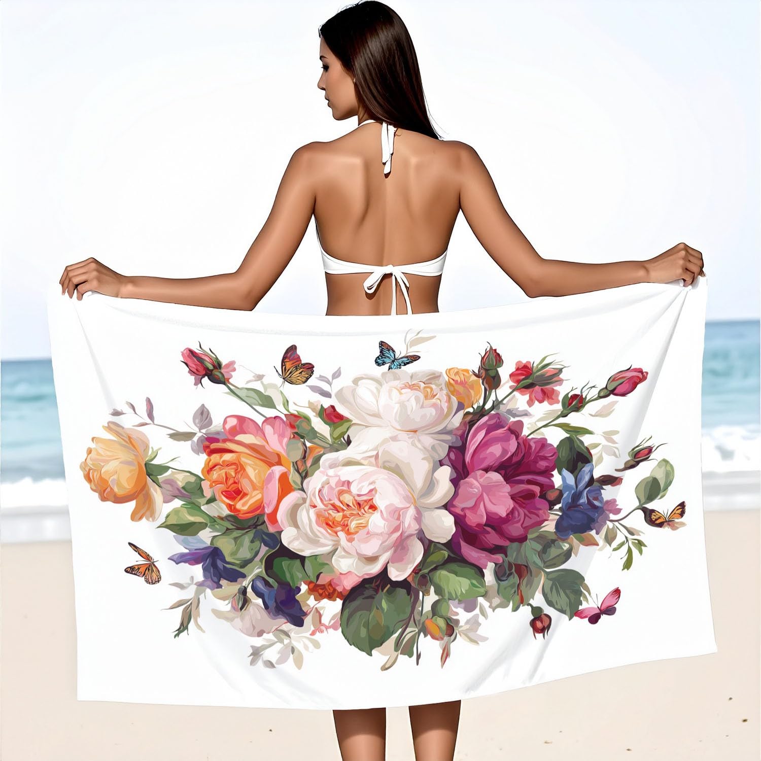 Générique Grande Serviette de Plage 200 x 100 CM,Drap de Plage Microfibre,Couverture de Plage Absorbante Rapide pour Aquarelle, Romantique, Art Roses Délicates, Papillons