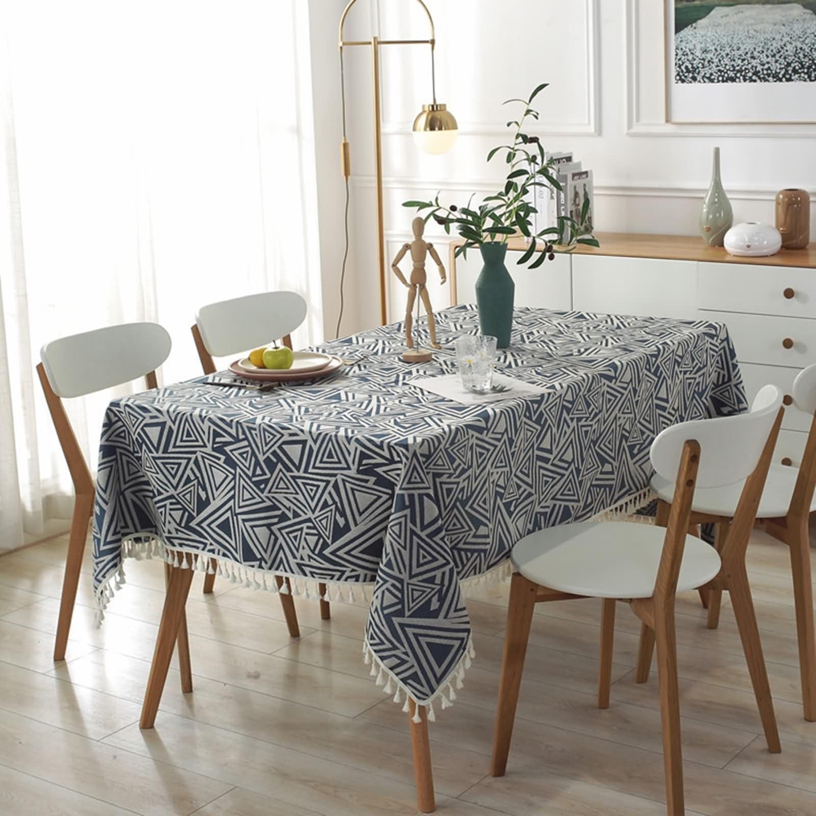 Mantel Rectangular Azul Marino Terraza, Patrón de Triángulo con Borlas, de Poliéster Fácil de Limpiar, 120 x 160 cm, Mantel para Mesa de Centro