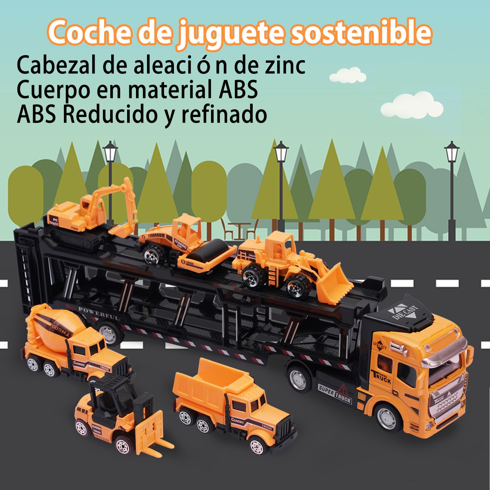 VBACALA Camión de Juguete Coche Transportador de Juguete 7PCS, Mini Sitio de Construcción de Vehículos, Diecast Metal & Pull Back Coche de Juguete para Excavadora de 3 Años Niño Niña