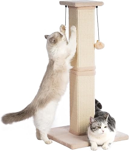 Miniatura 8 de Poste rascador grande para gatos con base resistente, poste rascador cuadrado resistente de sisal de 33 pulgadas y 2 bolas interactivas para colgar
