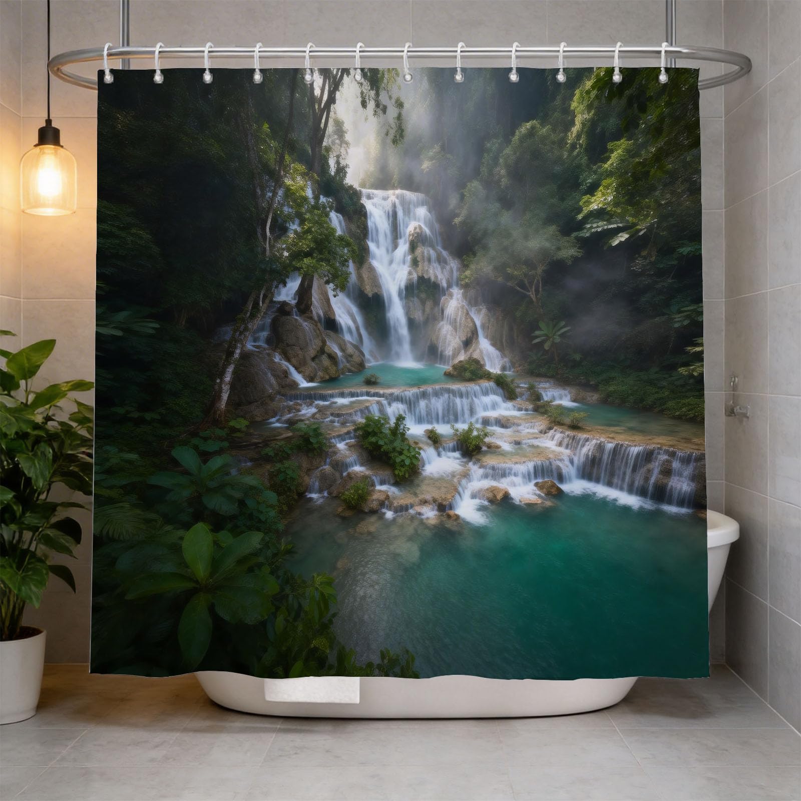 Hongduo White 3D Forest Waterfall Shower Curtain For Stalls Bathtubs Natural Bathroom Decor Shower Curtain Set Polyester Fabric Waterproof 200X200cm/79X79 Inch With Hooks