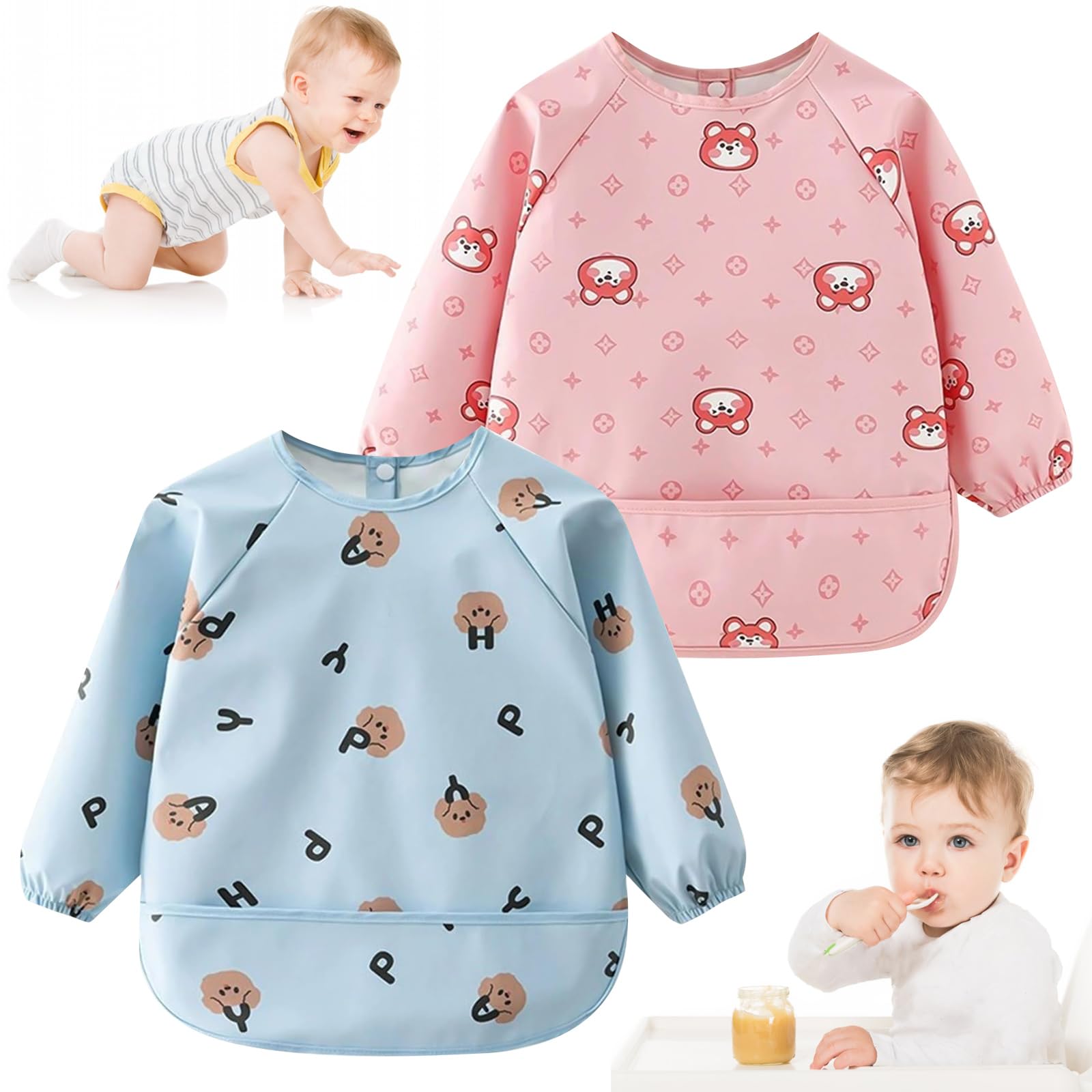 DAMIHAI Baby Lätzchen mit Ärmeln, 2 Pcs ärmellätzchen, Lätzchen Baby mit Armeln, Weiches und Hautfreundliches für Babys Kleinkinder 12-48 Monate
