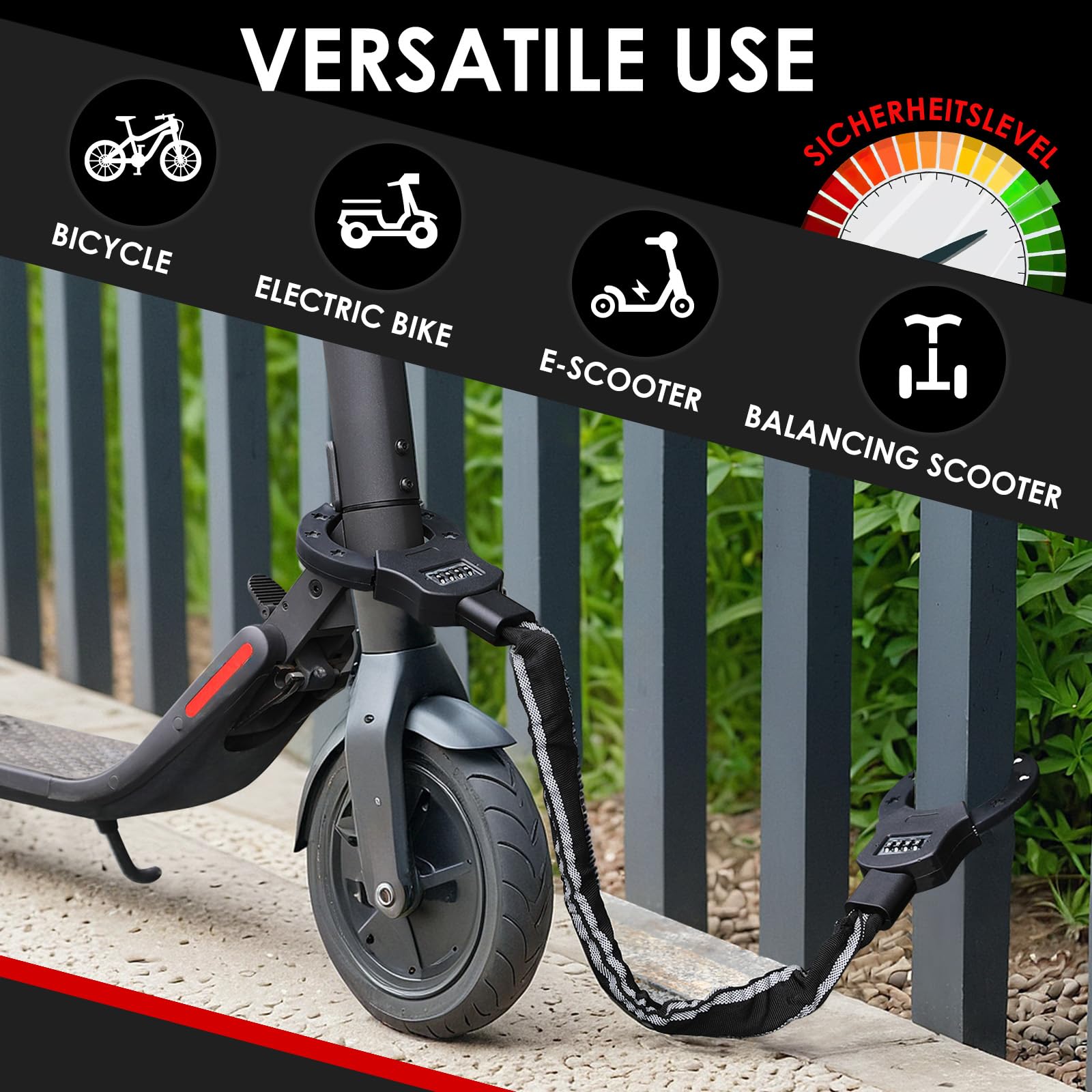 TLGREEN 93cm Lucchetto Monopattino Elettrico, con Codice a 4 Cifre, 6 mm Lucchetto a Catena Antifurto, Lucchetto per Scooter con Borsa Impermeabile, per Scooter/Monopattino Elettrico/Bicicletta/Moto