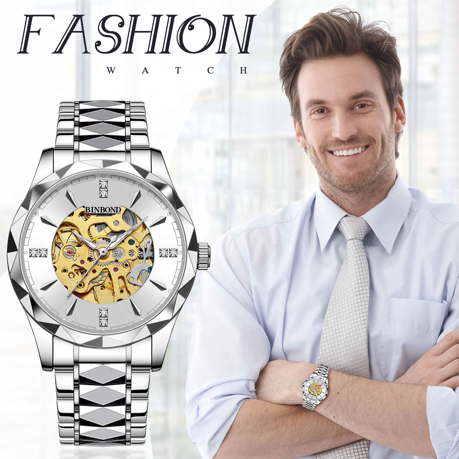 JewelryWe Orologio da Polso Meccanico Automatico: Orologio da Uomo Impermeabile Scheletro Orologi Lusso Diamante Luminoso Cinturino in Acciaio Inossidabile