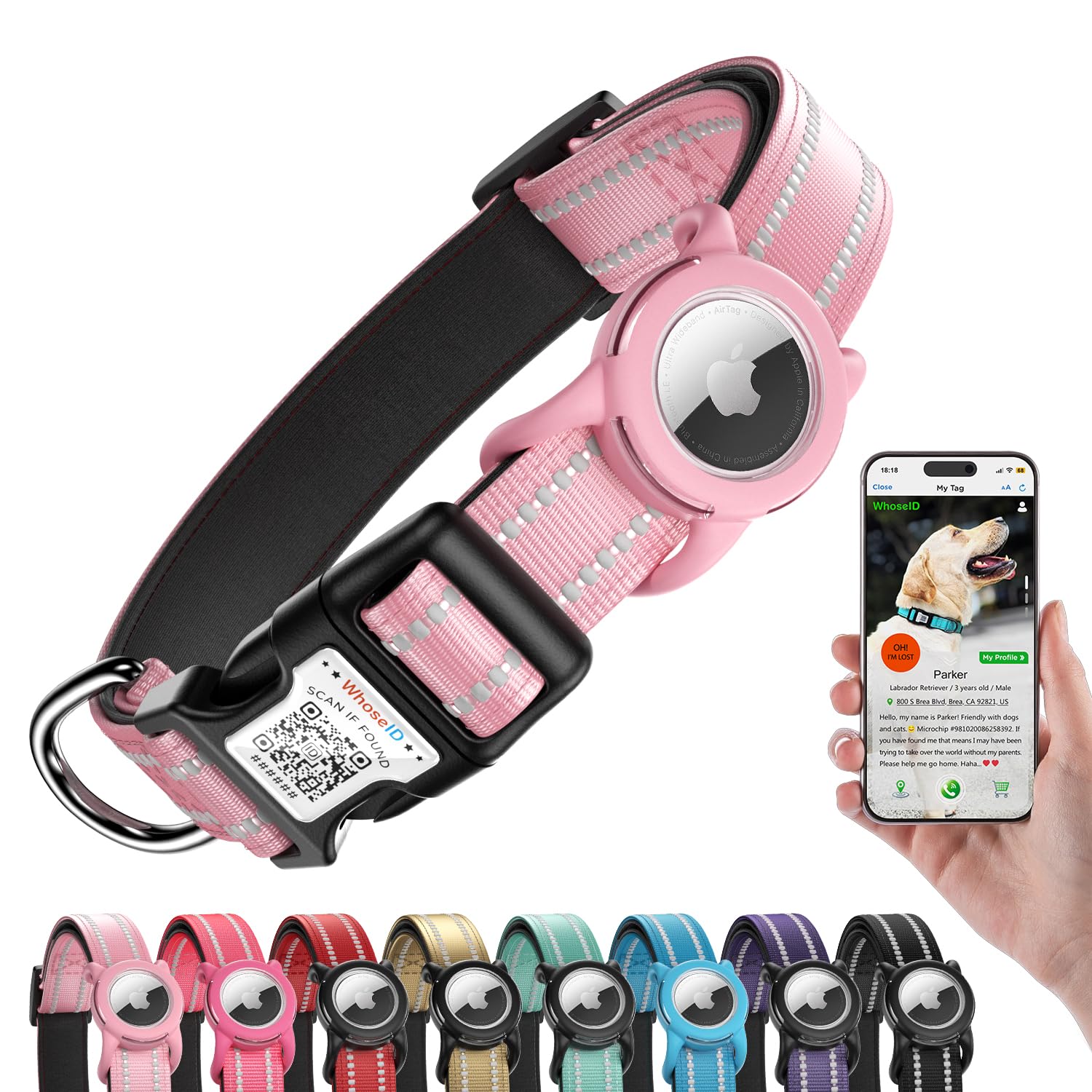 WhoseID Reflective Dog Collar with AirTag Holder, Waterproof Dog Collar with QR Code, Heavy Duty Adjustable Pet Collar for Small Medium Large Dogs,