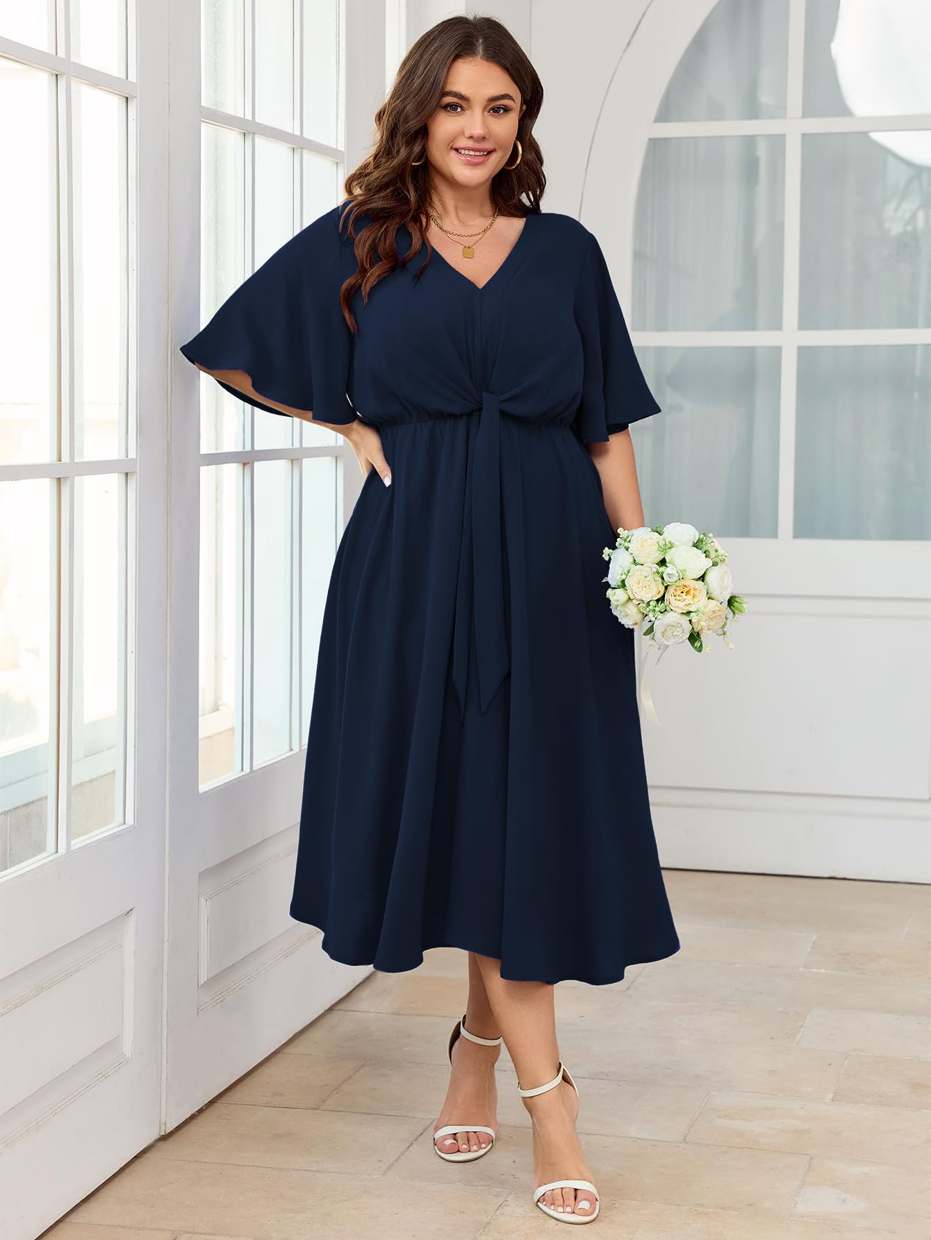 SCOMCHIC Vestido midi para mujer, talla grande, para invitada de boda, manga corta, cuello en V, lazo en la cintura, casual, de verano, vestido acampanado