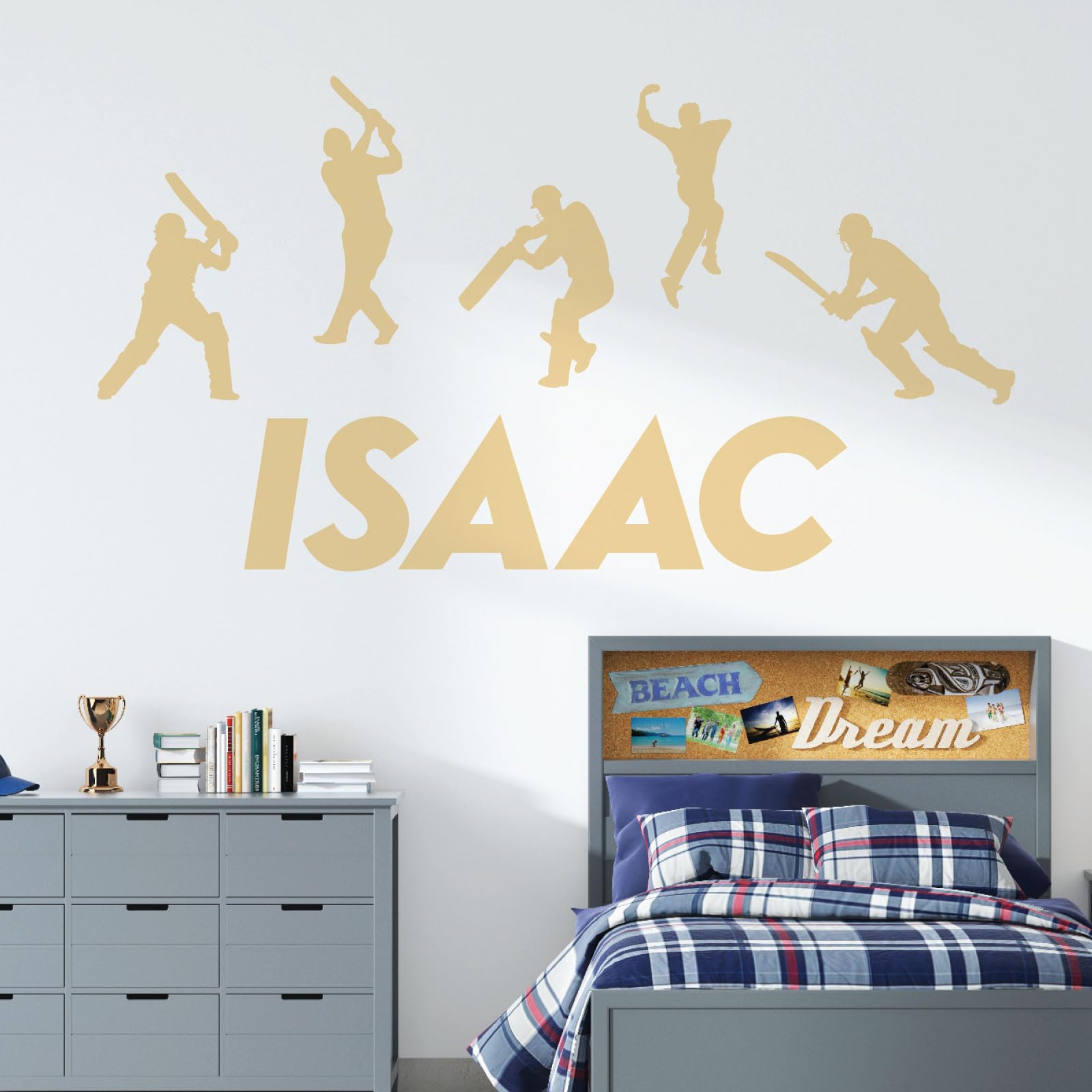 Personalised Name Wall Art Sticker - Sport Game, Cricket Players Silhouettes [Large] [Cream]