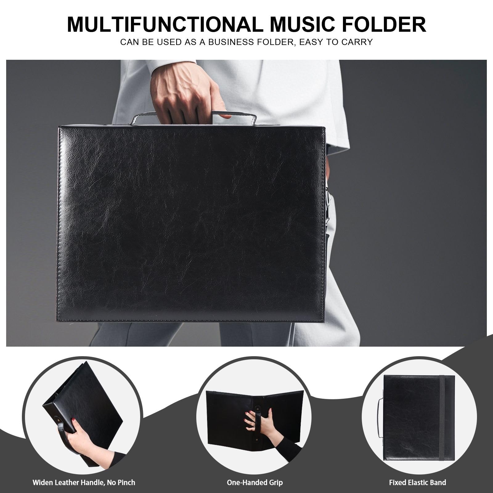 Musfunny Notenmappe für Chornoten: Chormappe Aus PU Leder mit 3 Ringen Griff Und Gummiband – Mappe A4 für Chorsänger Bands und Bühnenauftritte