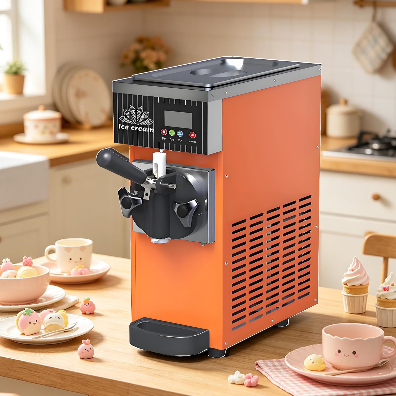 Máquina de helado de servicio suave, 450 W para uso doméstico y comercial, rendimiento de 4-5 kg/h, preenfriamiento, limpieza automática, pantalla táctil LED, ideal para restaurantes y fiestas