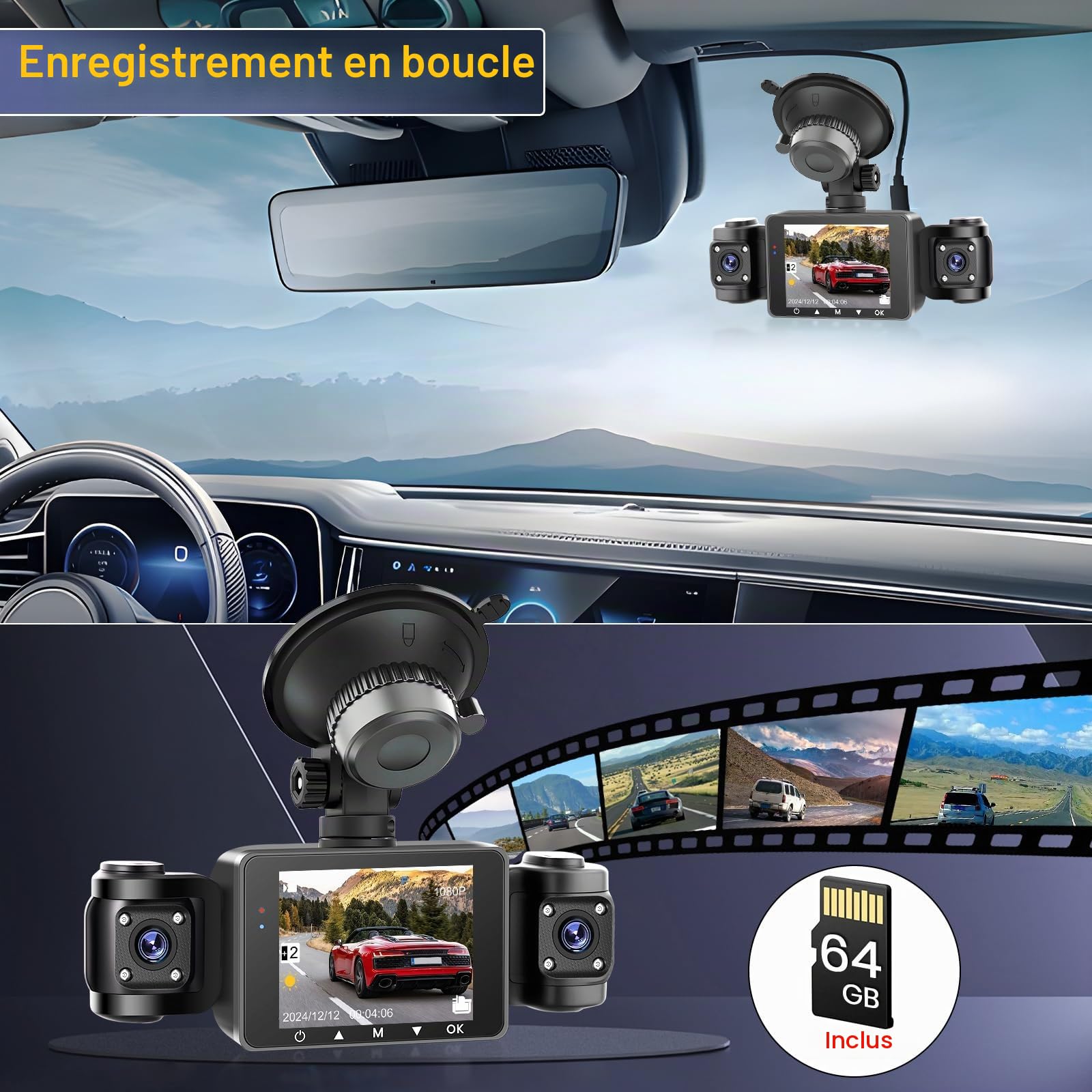 Hikity 2.4" 1080P WiFi Dashcam 4 Dashcam avec DVR G-Capteur Carte TF 64G
