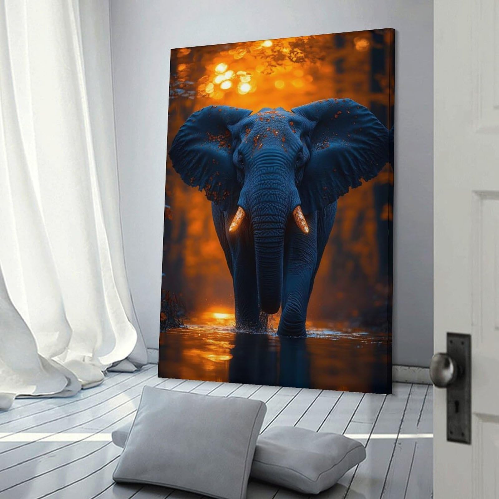 Junmoney Blue Elephant in Orange Forest Wall Decor Canvas Print 16x24inch(40x60cm), for Lounge, Study, Hallway Or Flat Walls, Decorative Artwork with Broad Appeal