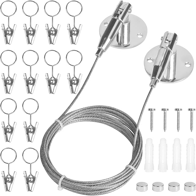 Jinlaili 3 Meters Curtain Drape Wire Rod with 12 Clips, Curtain Tieback Rod Set, Stainless Steel Cable Rope Heavy Duty Clothesline Wire, Picture Hanging Wire, Wall Mount Wire for Window Shower Curtain