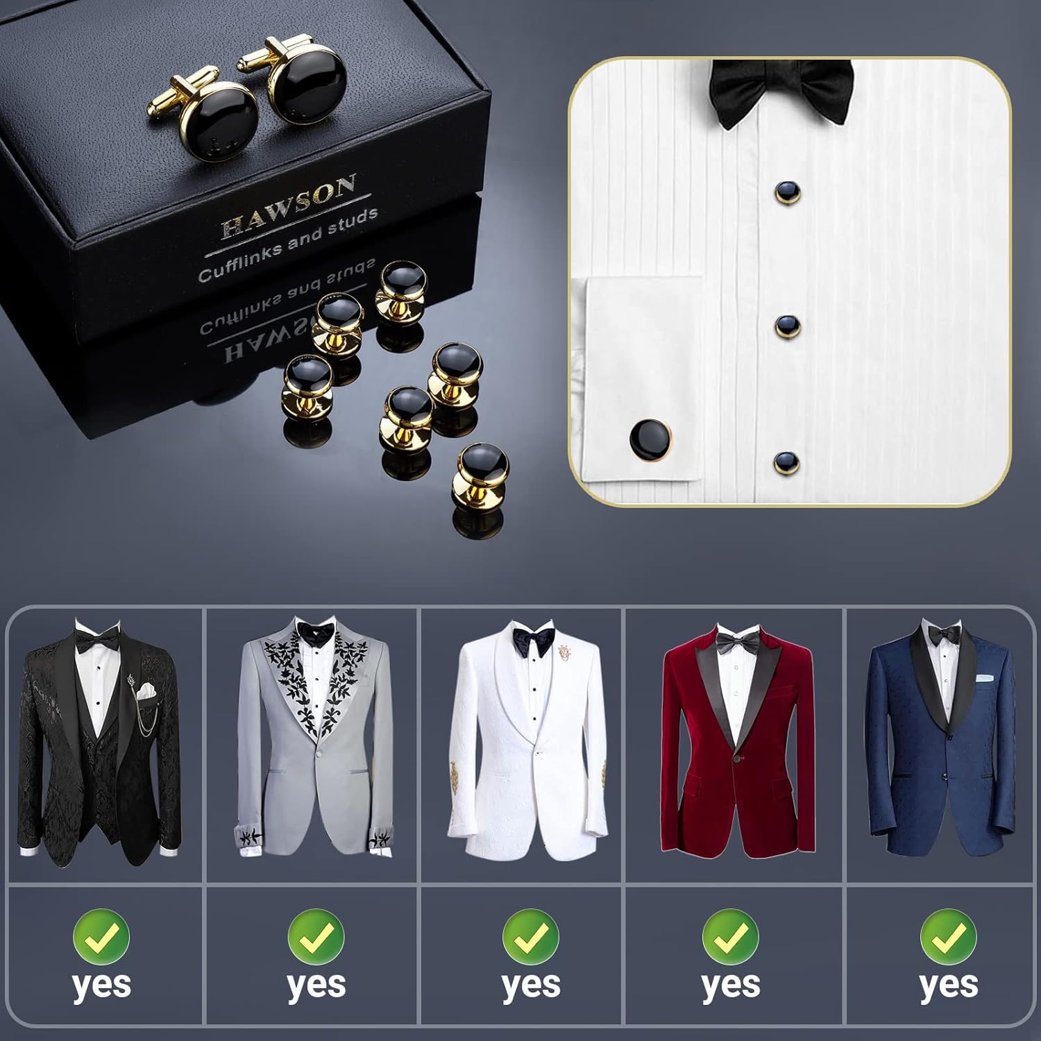 HAWSON Men’s Cufflinks and Tuxedo Studs Set with Gift Box; Men’s Jewelry or Accessories Suitable for Black Suit White Shirts Vest and Red Bow tie on Wedding or Anniversary and Birthday - Image 4