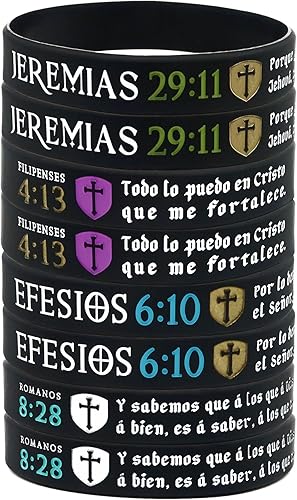 Pulseras La Biblia Reina-Valera (paquete de 12) Filipenses 413, Jeremias 2911, Romanos 828 y Efesios 610 Paquete a granel de pulseras de silicona