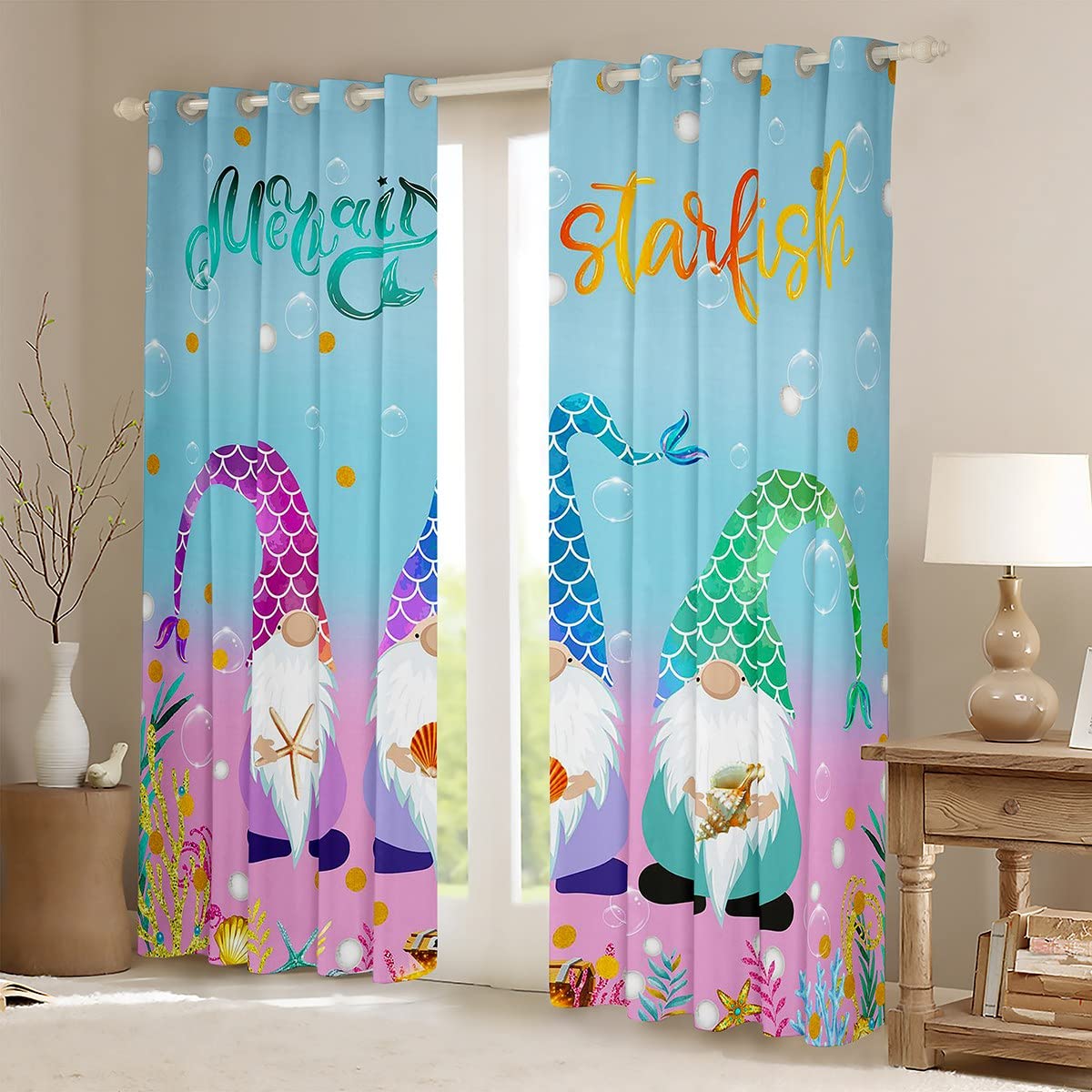 Kids Santa Claus Curtains & Drapes, Mermaid Tail Curtains For Girls Boys Bedroom, Underwater World Window Curtains Christmas Gnome Window Treatments 2 Panels Rainbow Fish Scales Xmas Decor 52