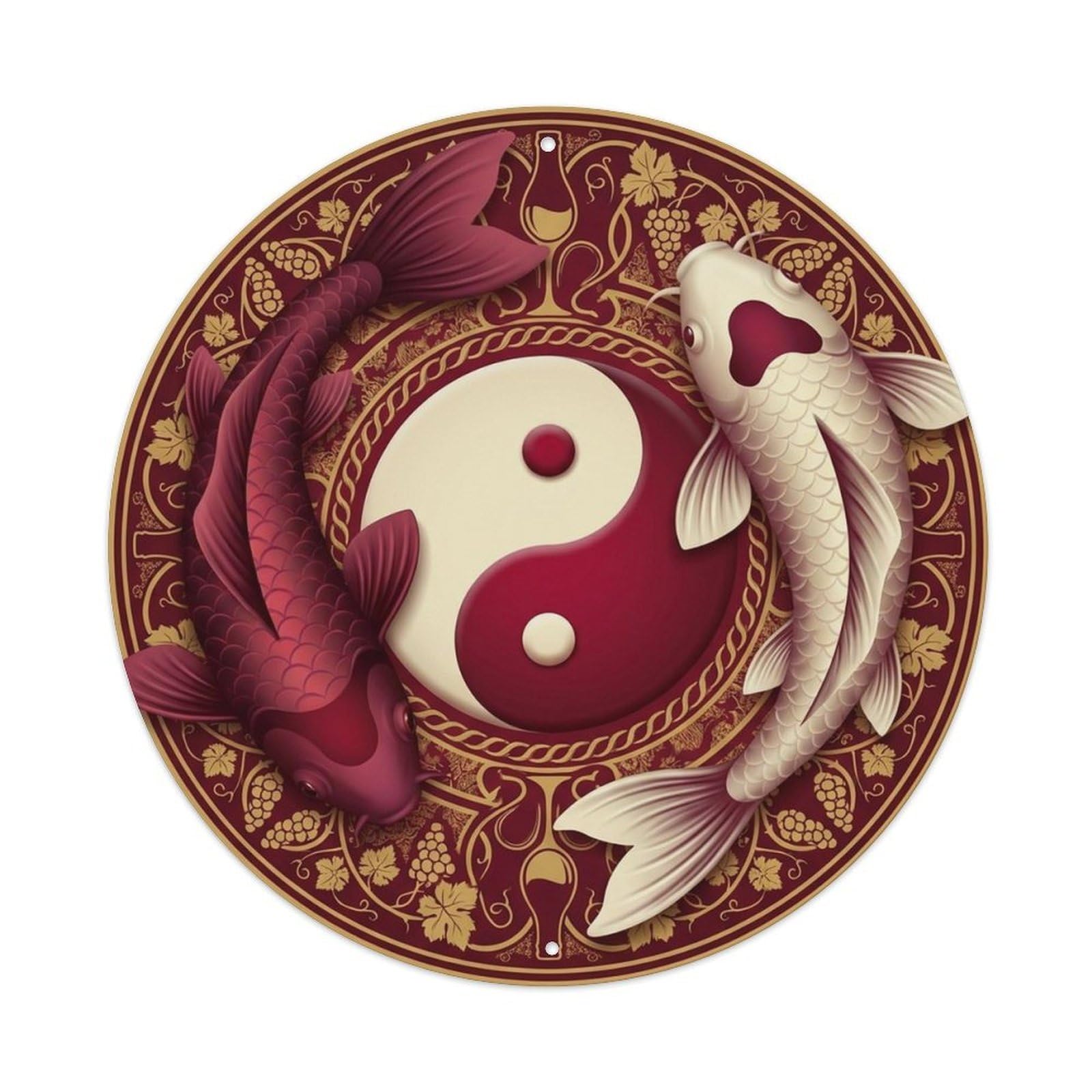 Olyhtr 8X8inch Classic Style Tai Chi Koi Maroon Feng Shui Balance Classic Metal Tin Sign