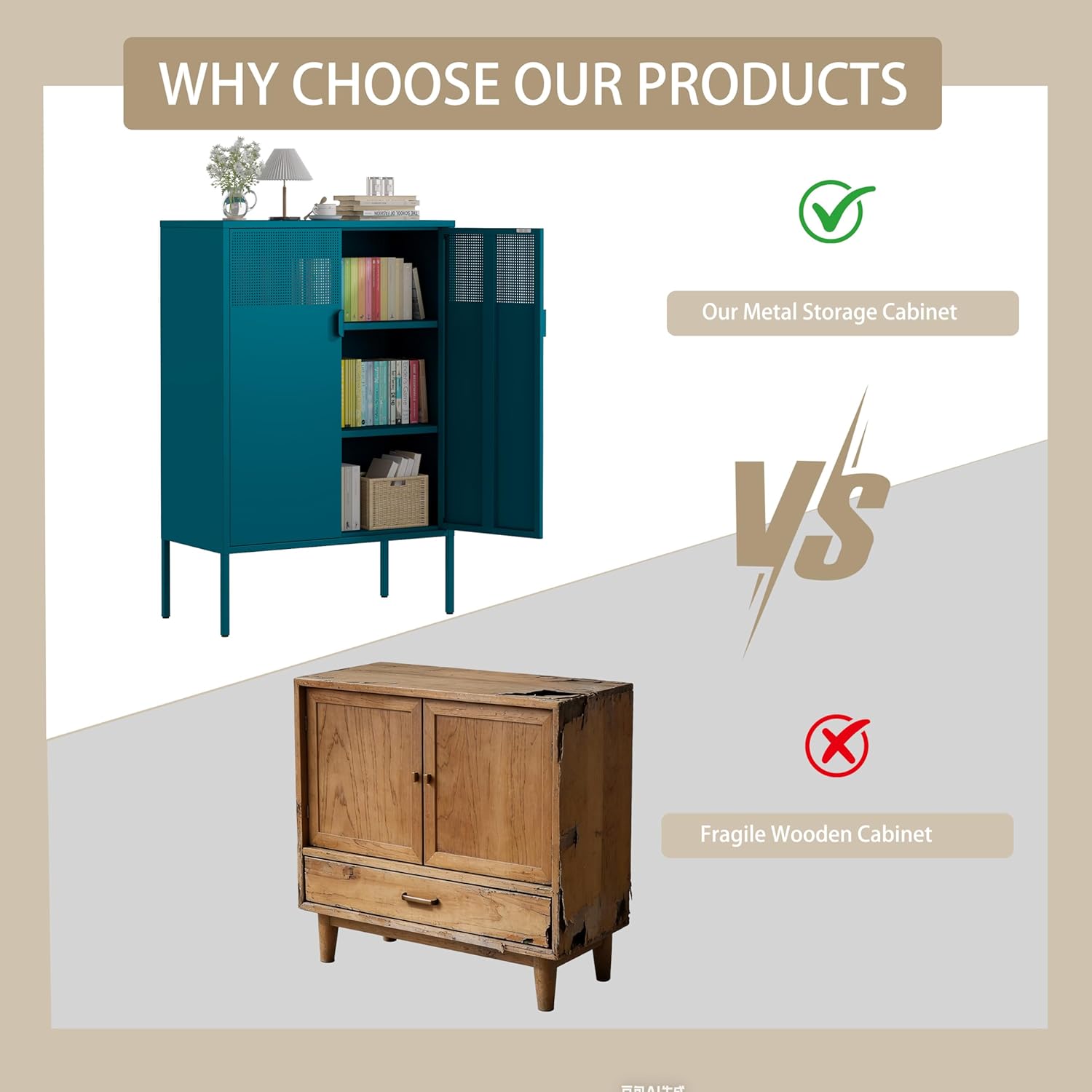 3-Tier Metal Storage Cabinet with 2 Adjustable Shelves, 2 Mesh Door Metal Locker Accent Cabinet with Legs, Blue Storage Cabinets, Metal Tv Stand Cabinet for Home, Office, Entryway & Hallway