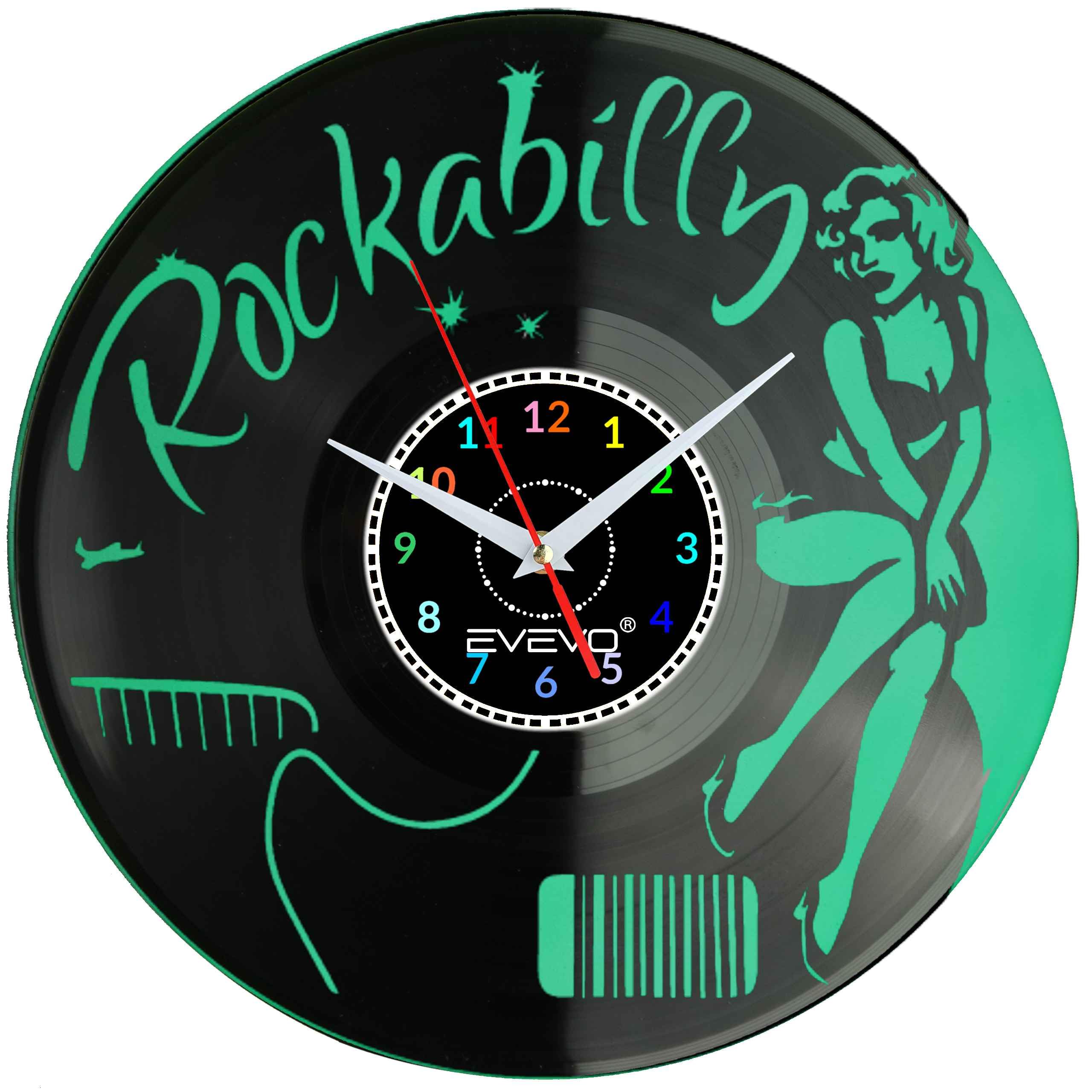 ZEGAR ŚCIENNY ROCKABILLY ROCK 'n' ROLL FLUORESCENCYJNE TŁO PŁYTA WINYLOWA PREZENT UPOMINEK URODZINY EVEVO F0017