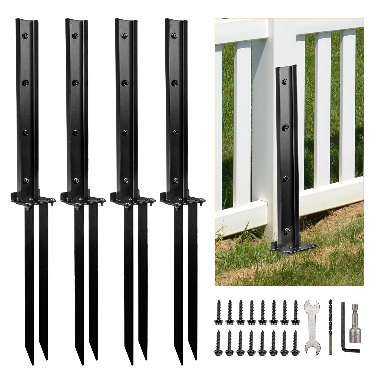 WICHEMI Fence Post Repair Kit, Fence Post Repair Stake Ground Spike, Heavy Duty Steel Fence Post Anchors Wooden Fences Post Support Quick Repair Broken/Leaning Wood Fence Post - 4Pack
