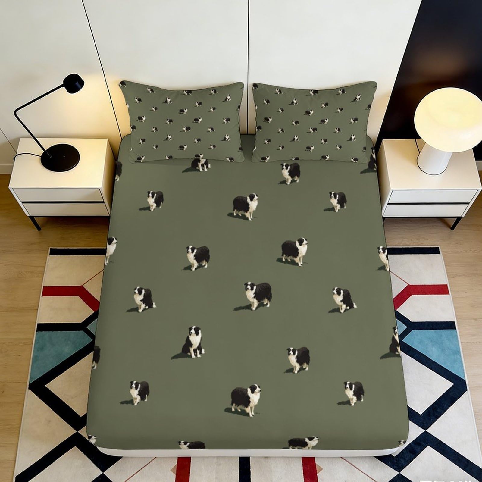 3D Printed Border Collie Fitted Sheet Microfiber Olive Green Dog Bed Cover for Bedroom Guest Room Mattress Protection 90x200x25cm
