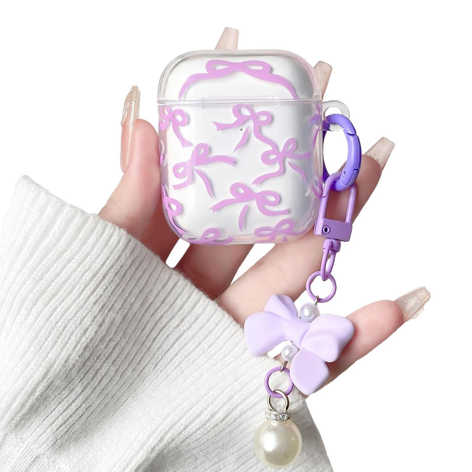 Lovmooful Compatible for AirPods 2nd/1st Case Cute Clear Ribbon Bowknot with Lovely Pearl Chain Design for Women Girls Soft TPU Shockproof Protective