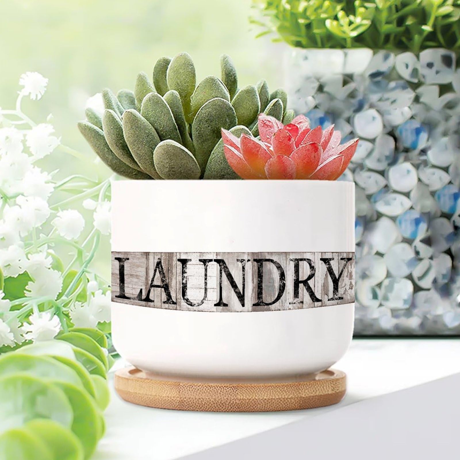Yelolyio Laundry Planters Ceramic Christian Scripture Round Plant Pots With Drainage Holes And Bamboo Tray Pot For Home Desktop Office Windowsill